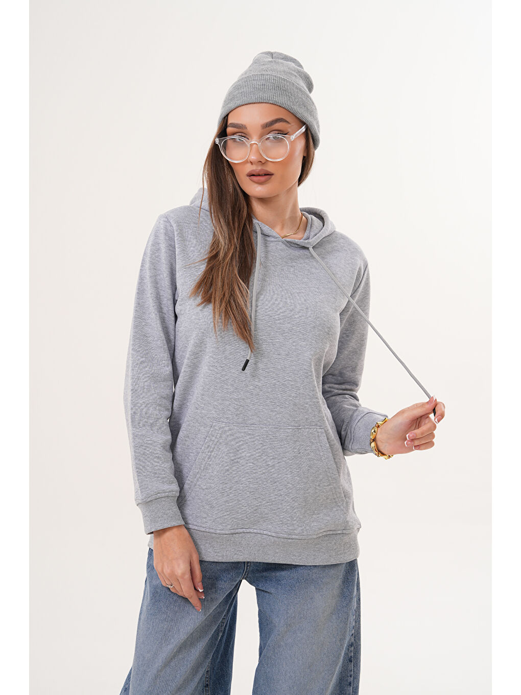 Gri Unisex %100 Pamuk Basic Premium Kapüşonlu Sweatshirt