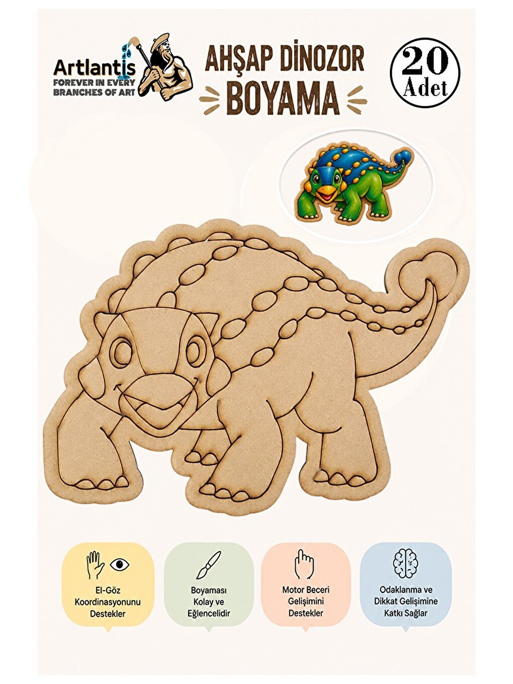 Ahşap Boyama Dinozorlar 20 Adet 10x15 Dinozor Boyama Figürü Etkinlik Çocuk Gelişim Motor Beceri Anas