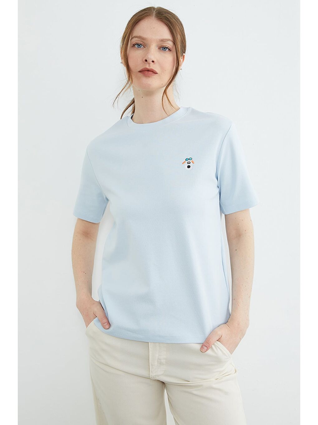 Mavi Köpek Nakışlı Bisiklet Yaka Tişört-1