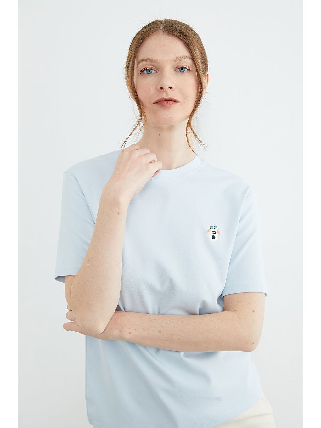 Mavi Köpek Nakışlı Bisiklet Yaka Tişört-2