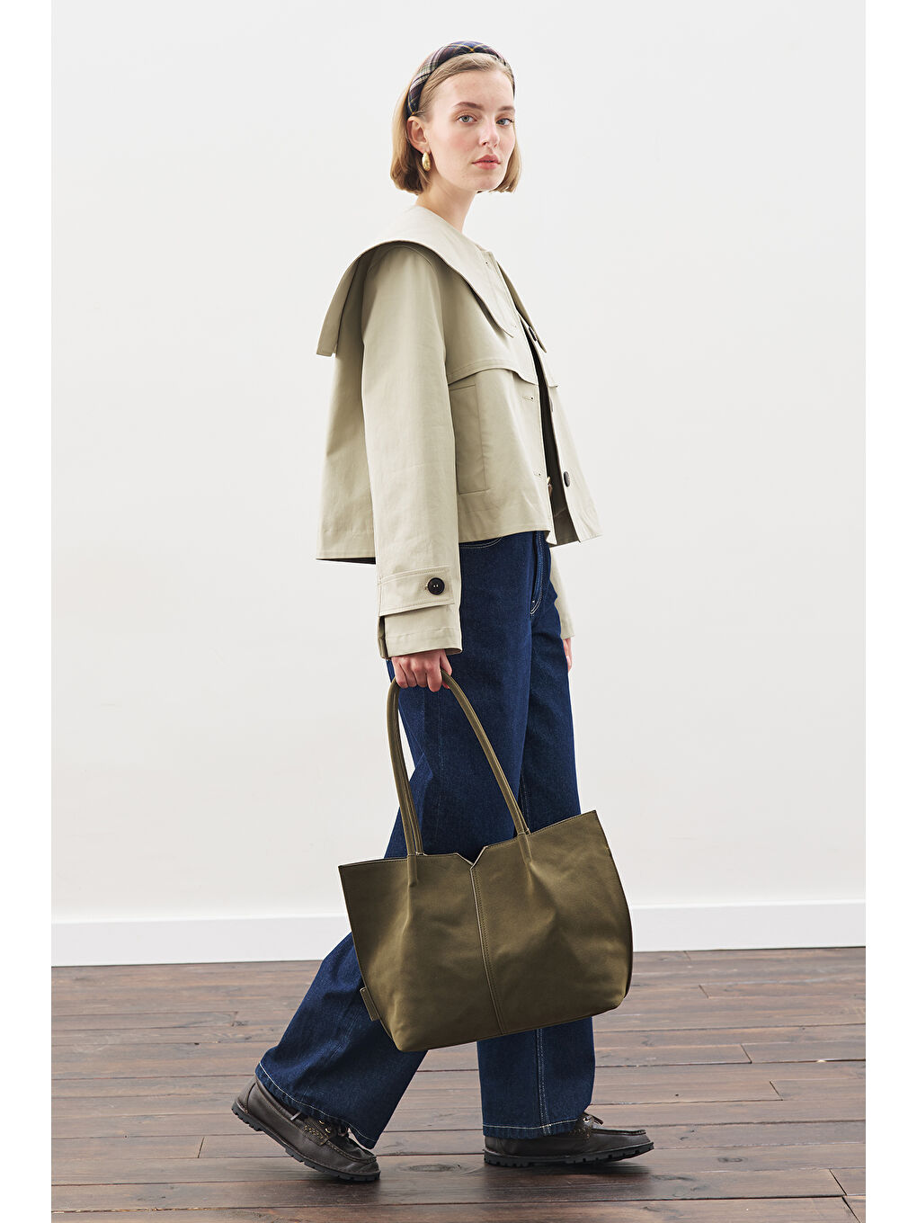 Geniş Yaka Gabardin Ceket Soft Yeşil-1