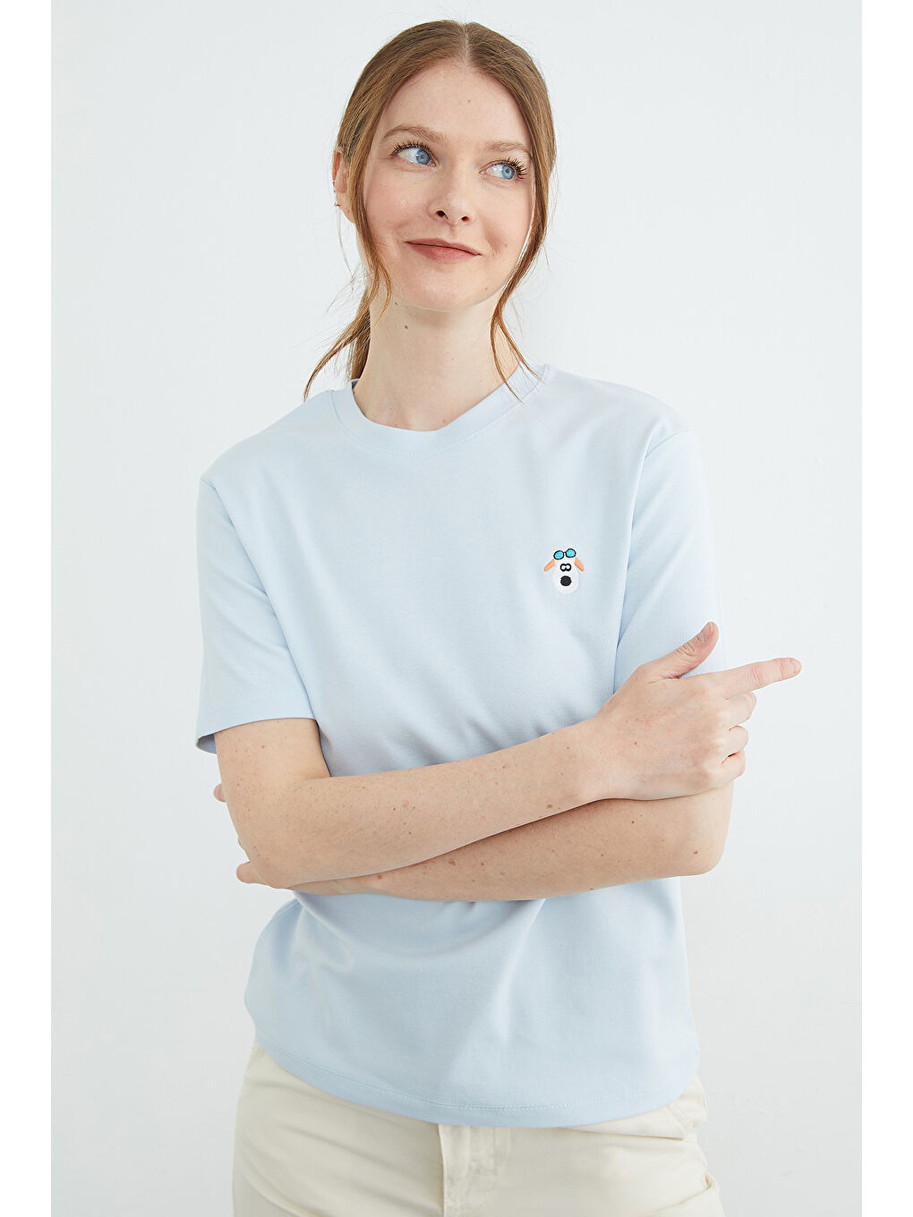 Mavi Köpek Nakışlı Bisiklet Yaka Tişört-3