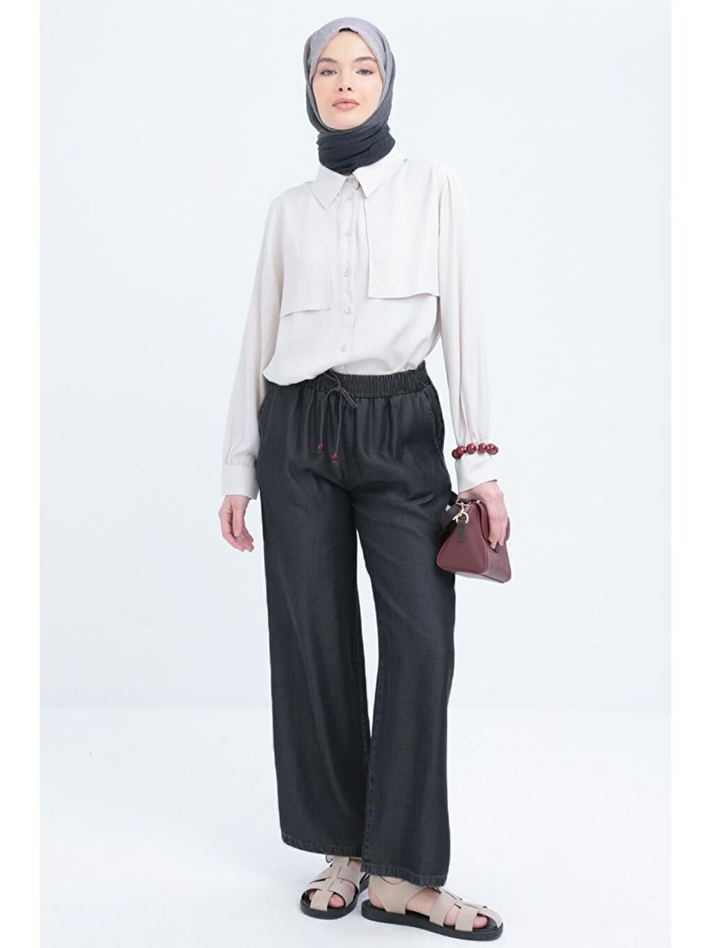 Gri01-Beli Lastikli Denim Pantolon