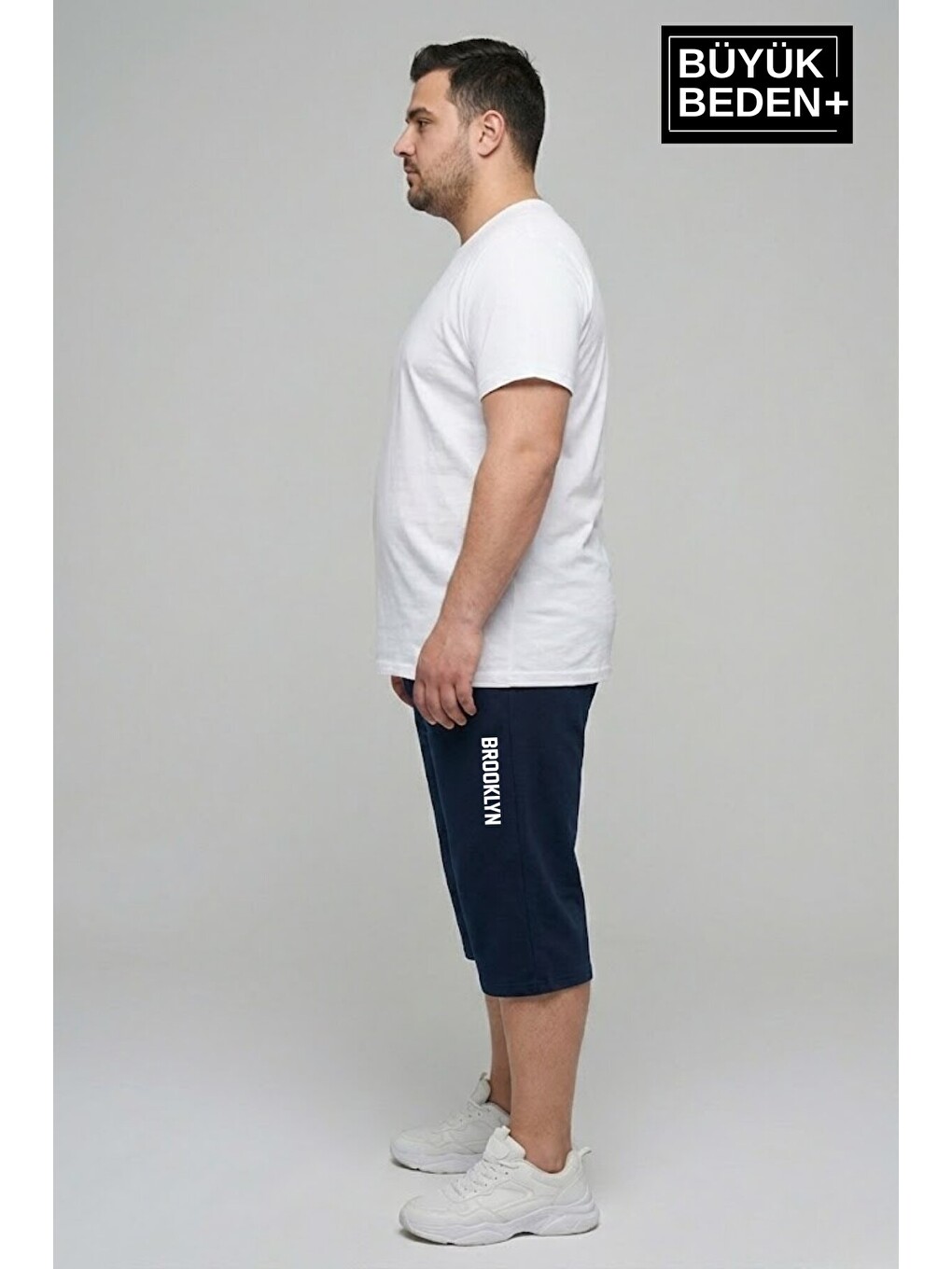 Lacivert Büyük Beden Erkek Kapri Şort Brooklyn Baskılı Rahat Kalıp 3XL-6XL SPR26BSR591-02