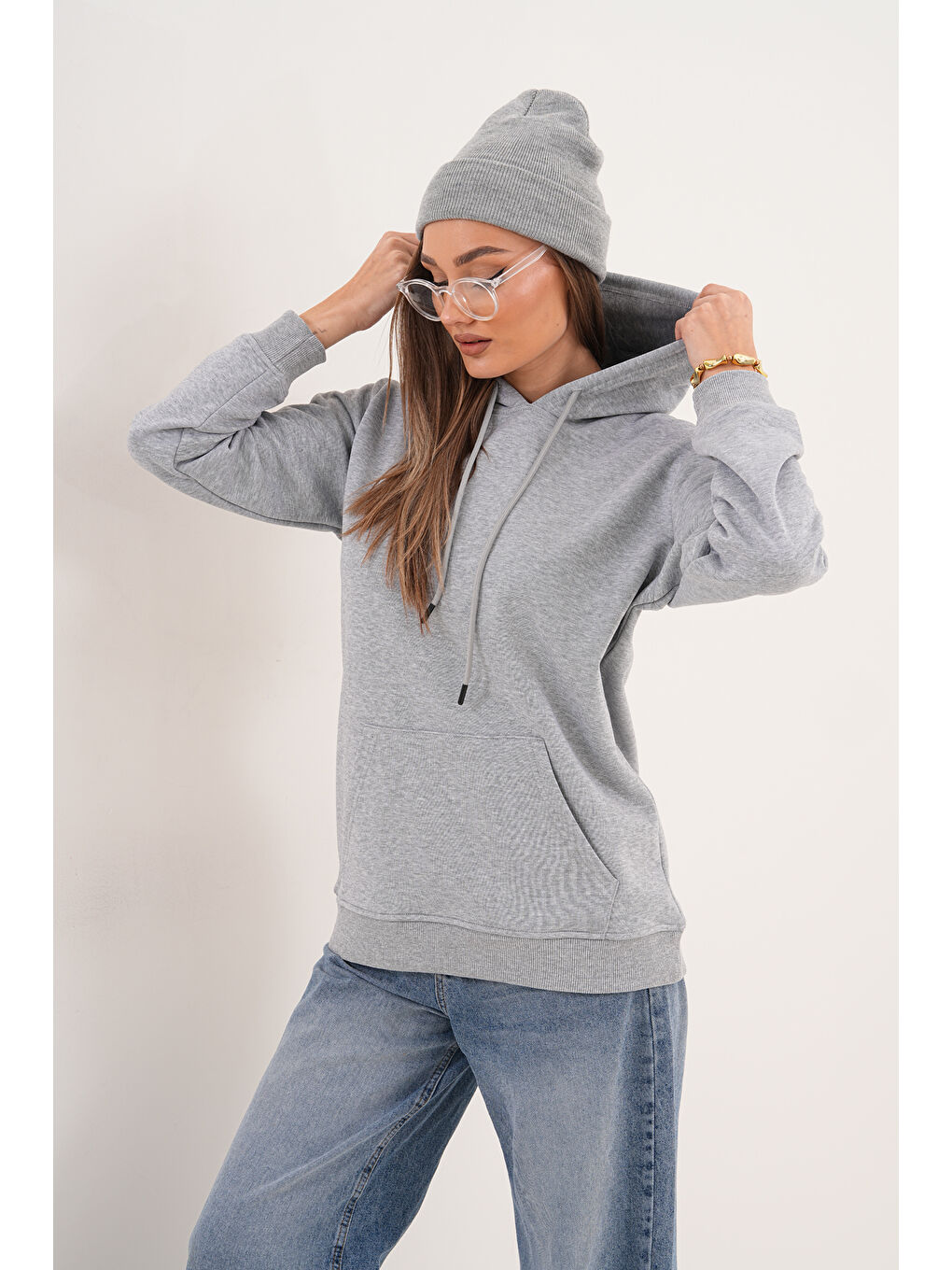 Gri Unisex %100 Pamuk Basic Premium Kapüşonlu Sweatshirt-1