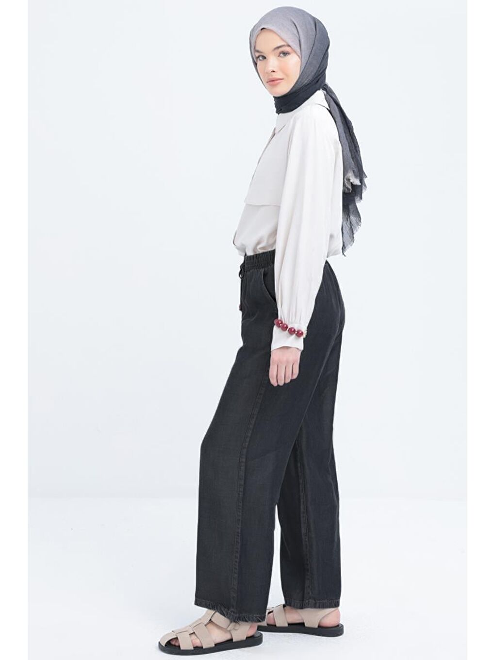 Gri01-Beli Lastikli Denim Pantolon-2