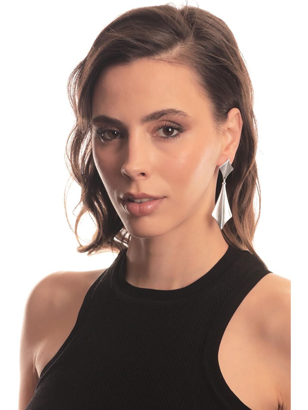 Gri Kadın Antik Gümüş Kaplama Çivili Model Geometrik Tasarım Parçalı Küpe-3