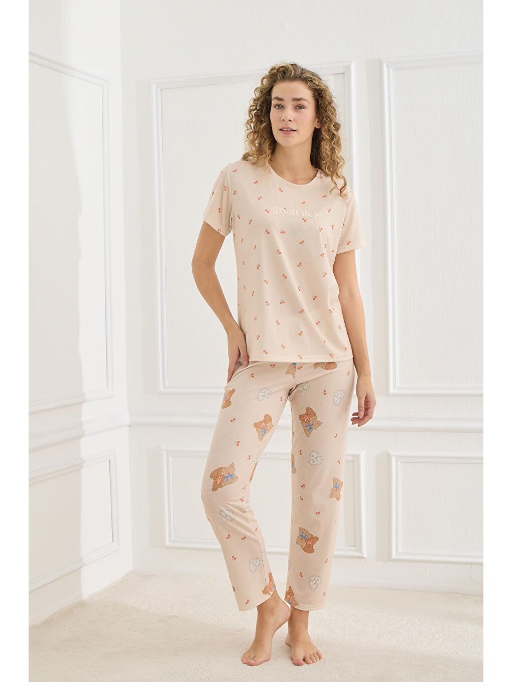 Kadın Destekli Elastanlı Süprem Bisiklet Yaka Pijama Takım | Bej 70109-925