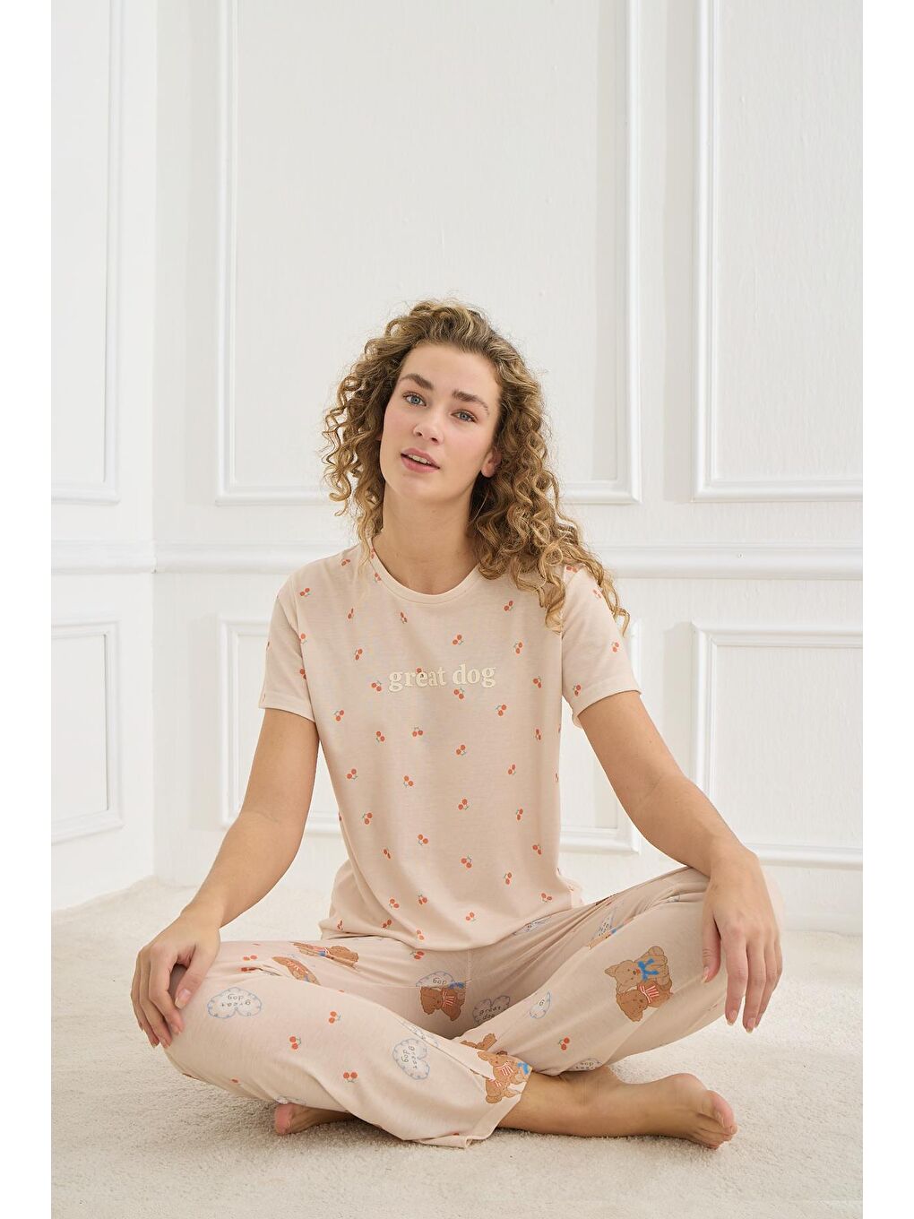 Kadın Destekli Elastanlı Süprem Bisiklet Yaka Pijama Takım | Bej 70109-925-1