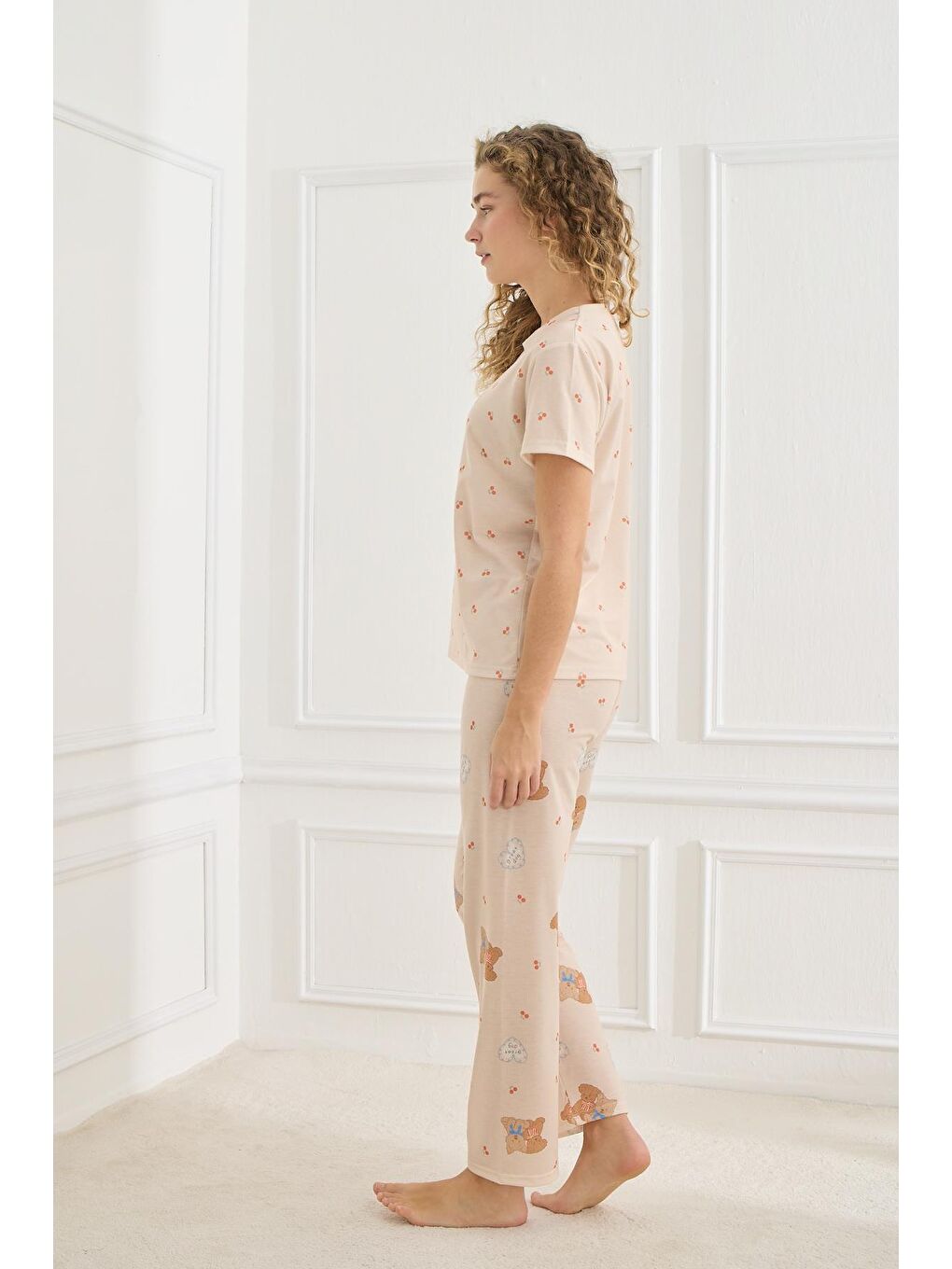 Kadın Destekli Elastanlı Süprem Bisiklet Yaka Pijama Takım | Bej 70109-925-2