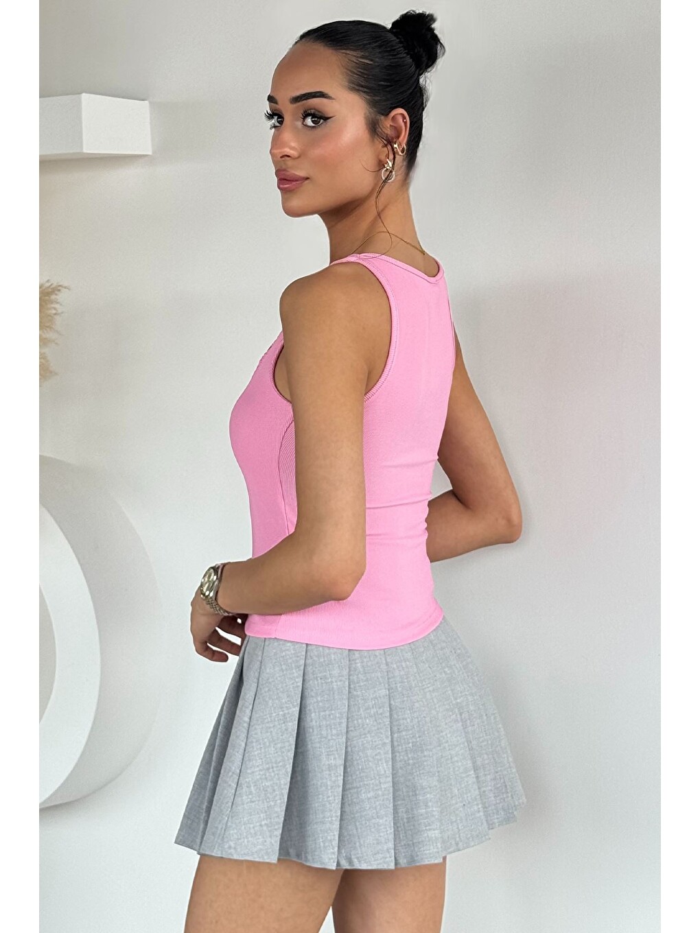 Pembe Kadın Kalın Askılı Dantel Detaylı Elastanlı Bluz-3