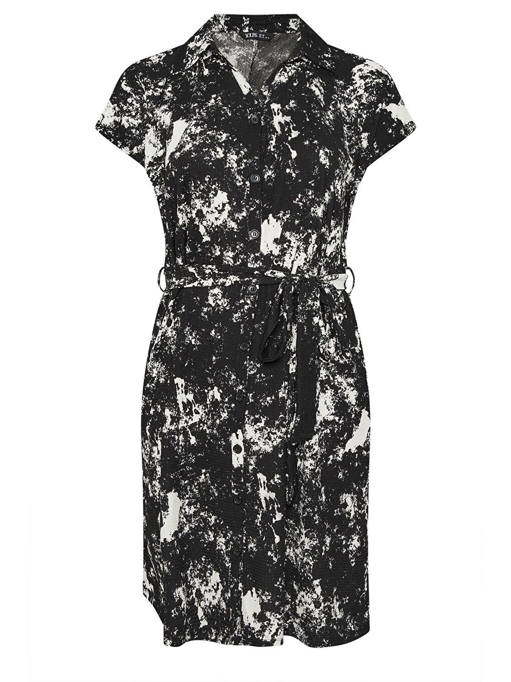 Siyah Büyük Beden Soyut Desenli Önü Düğmeli Kuşaklı Midi Boy Elbise 303330-5