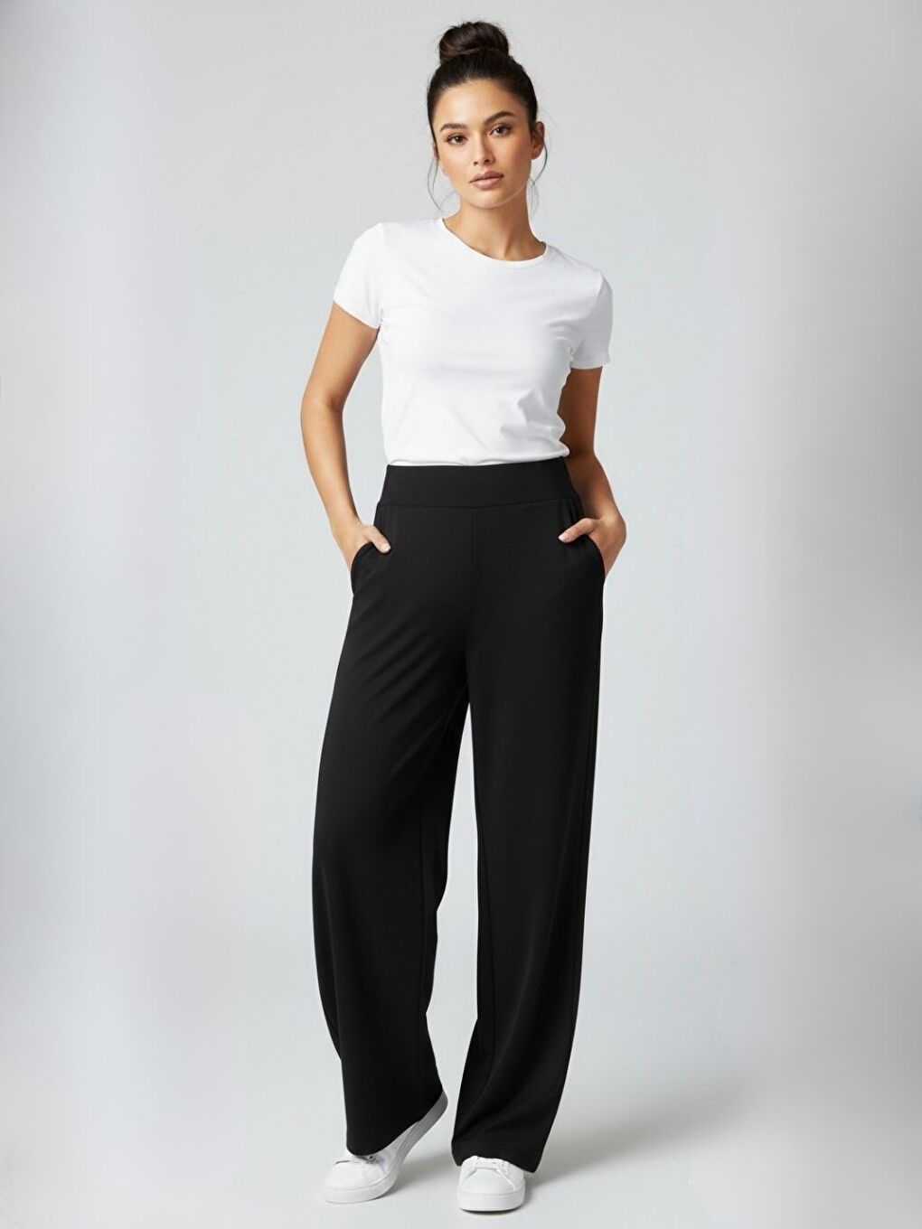 Kadın Siyah Beli Lastikli Detaylı Elastanlı Palazzo Pantolon
