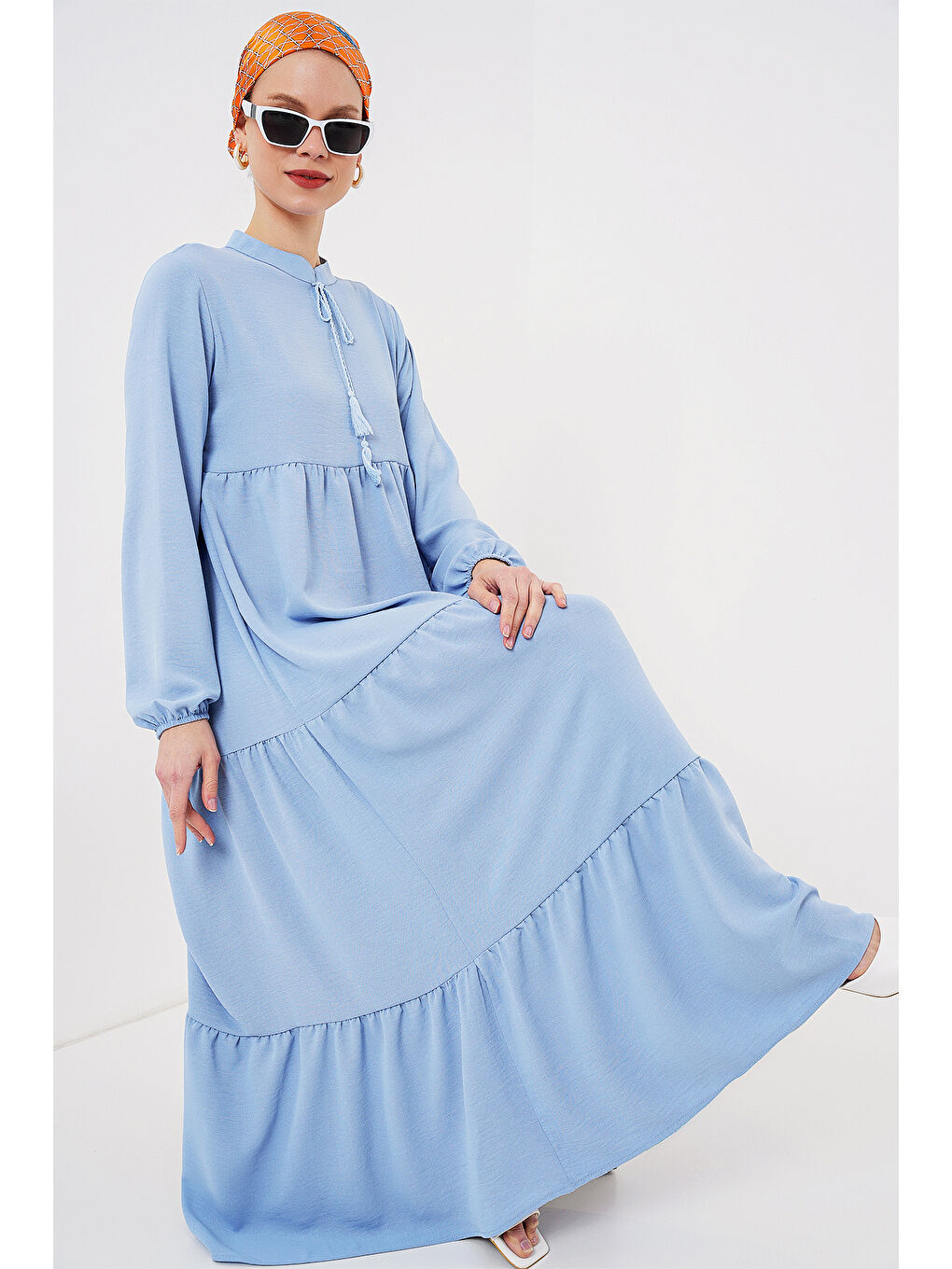 1627 Yaka Bağcıklı Tesettür Elbise - Koyu Mavi