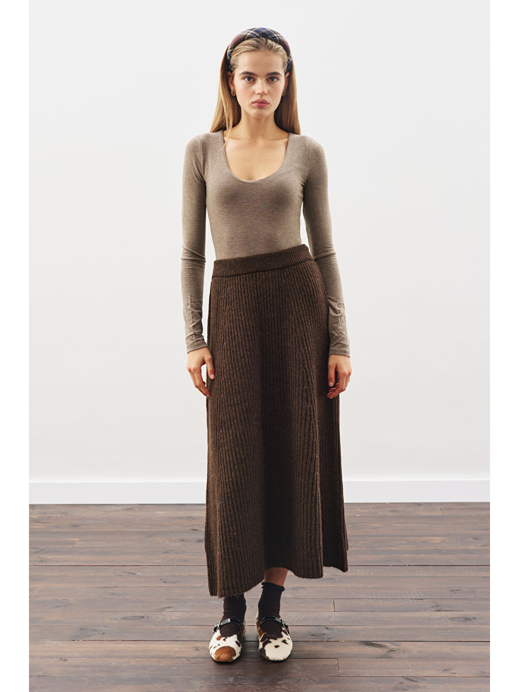 Triko Kloş Etek Kahverengi-2