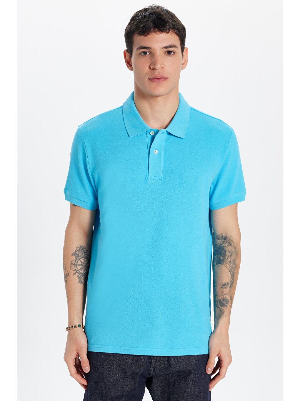 Erkek Slim Fit Dar Kesim %100 Pamuk Mavi Polo Yaka Tişört