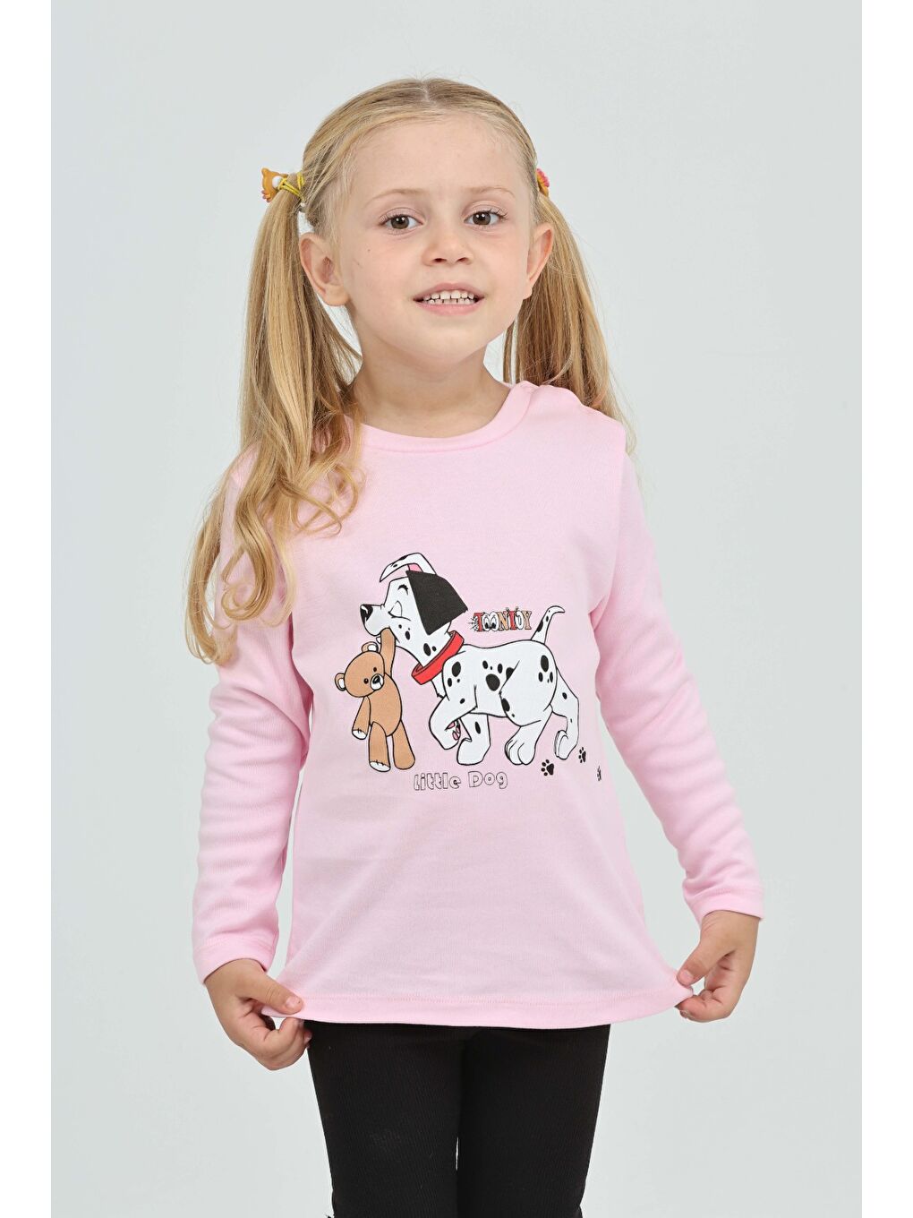 Pembe Kız Çocuk Köpekli Ayı Baskılı Sweatshirt-1