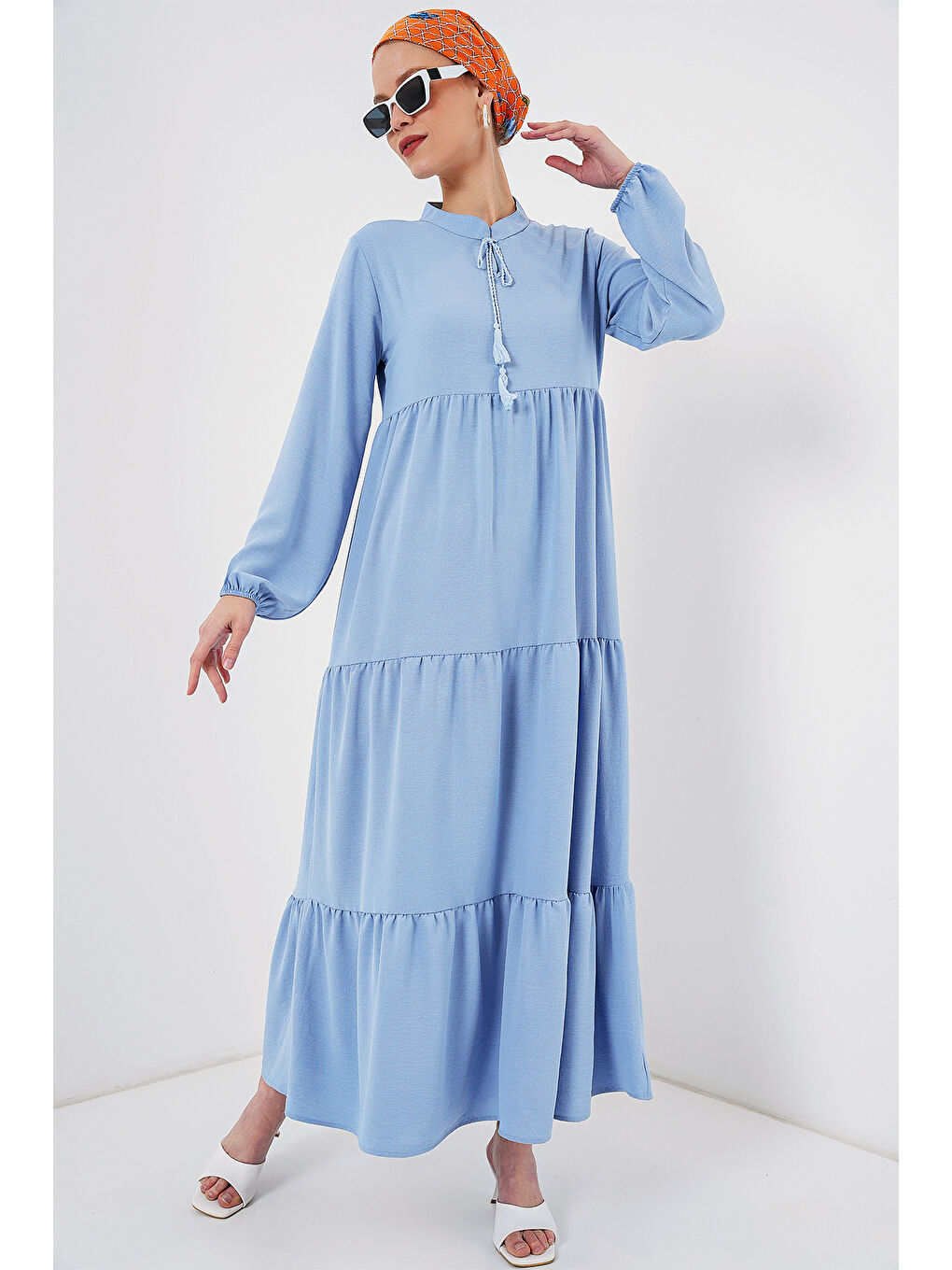 1627 Yaka Bağcıklı Tesettür Elbise - Koyu Mavi-1