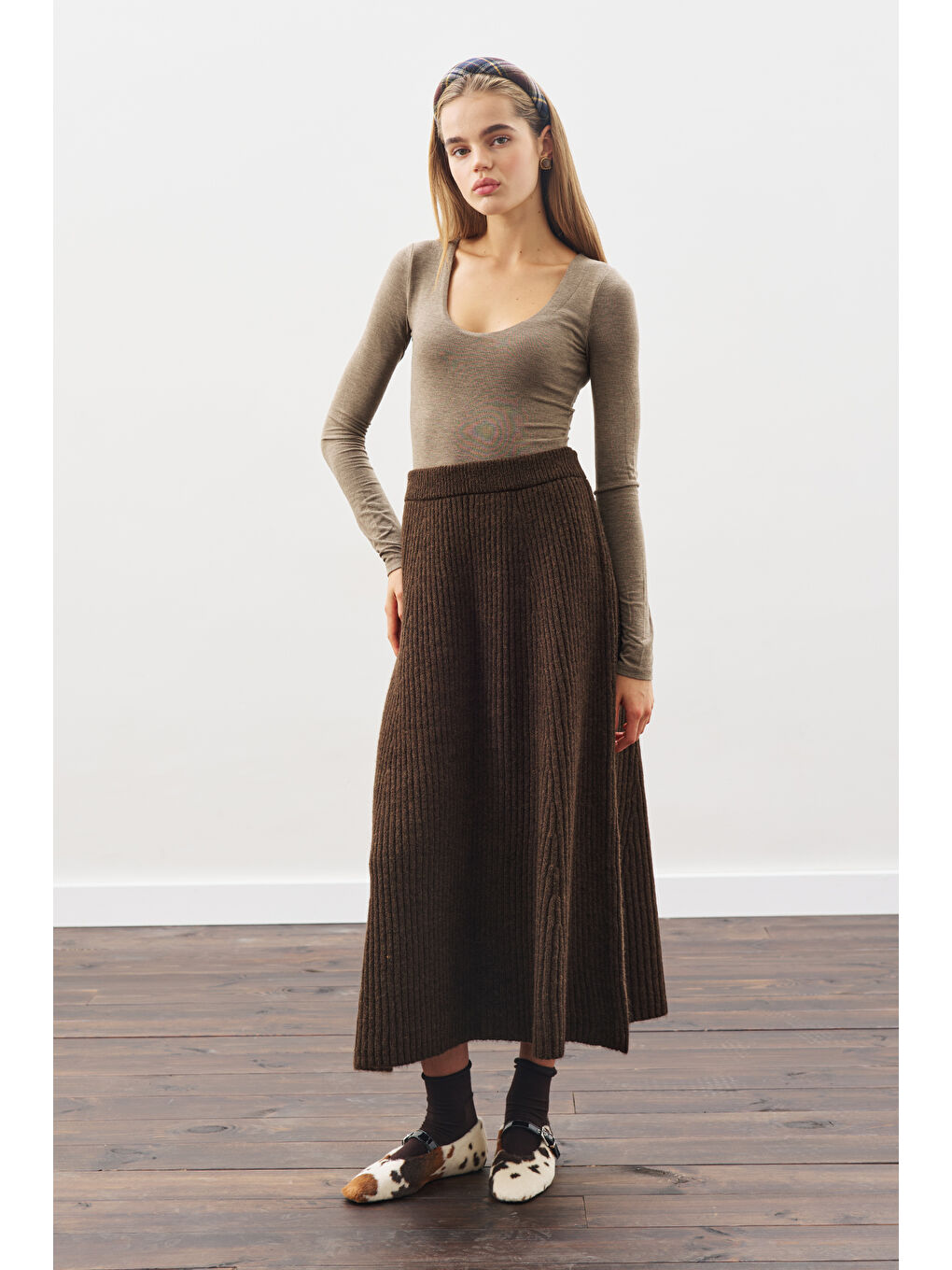 Triko Kloş Etek Kahverengi-3