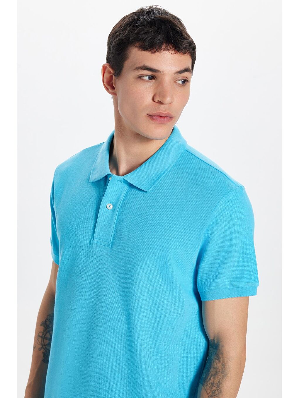 Erkek Slim Fit Dar Kesim %100 Pamuk Mavi Polo Yaka Tişört-1