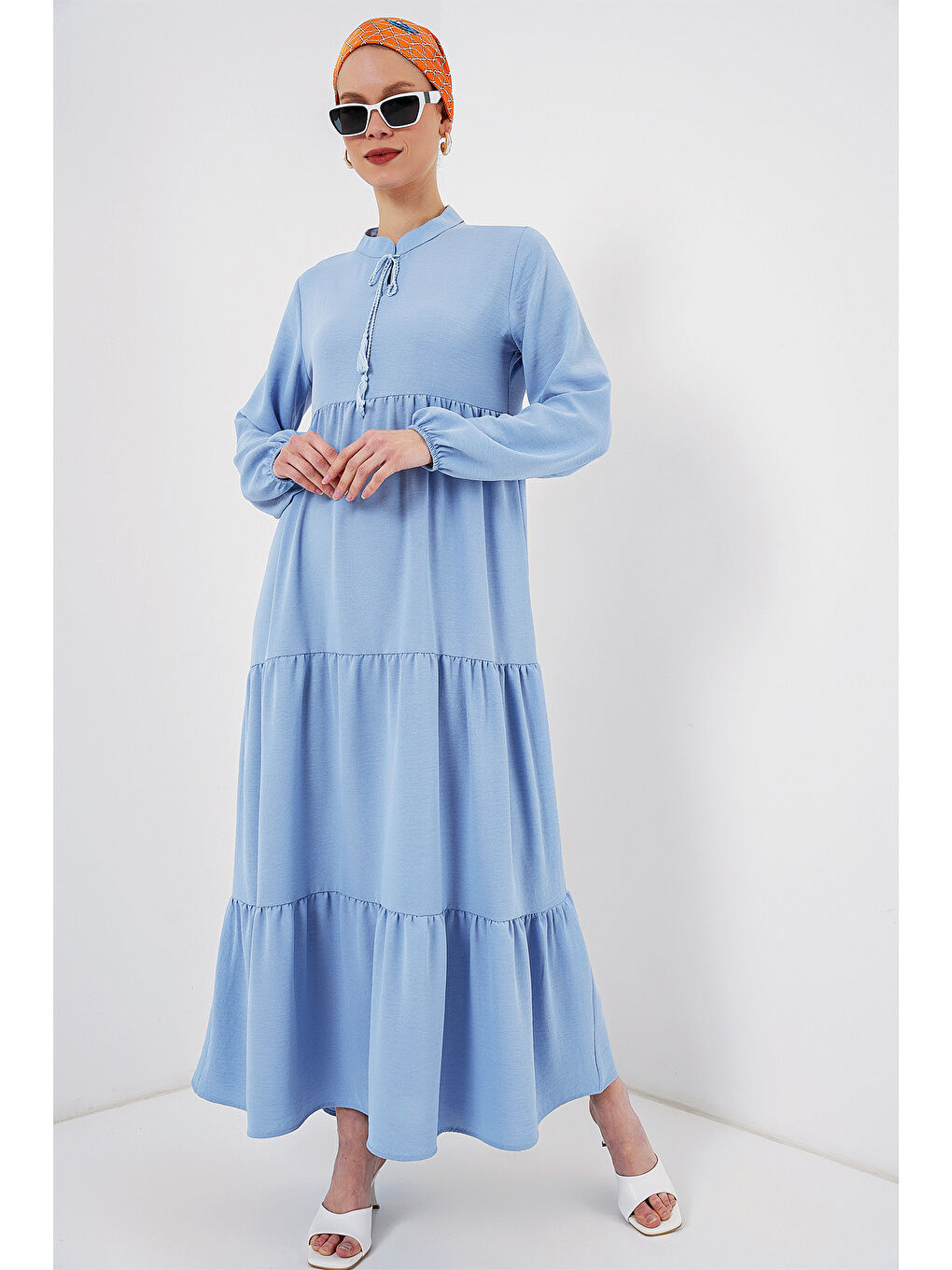 1627 Yaka Bağcıklı Tesettür Elbise - Koyu Mavi-2