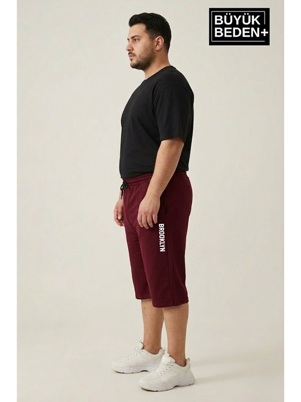 Bordo Büyük Beden Erkek Kapri Şort Brooklyn Baskılı Rahat Kalıp 3XL-6XL SPR26BSR591-02