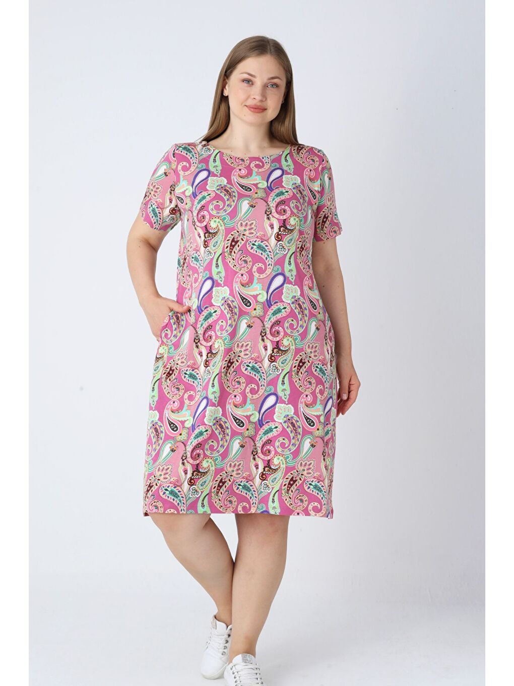 Pembe Kadın Büyük Beden Desenli Kısa Kollu Cepli Pamuklu Elbise-1