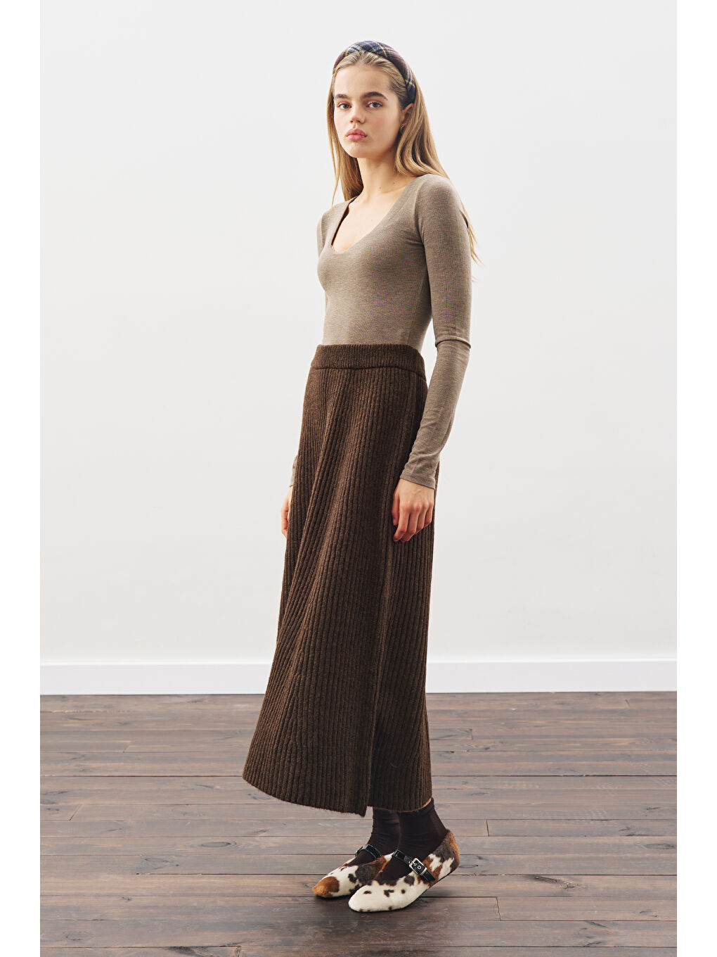 Triko Kloş Etek Kahverengi-4