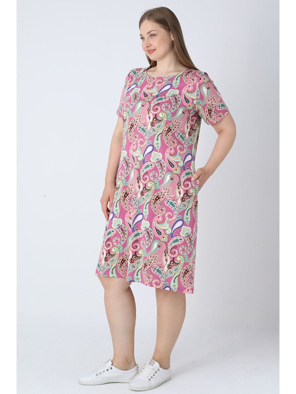 Pembe Kadın Büyük Beden Desenli Kısa Kollu Cepli Pamuklu Elbise-2