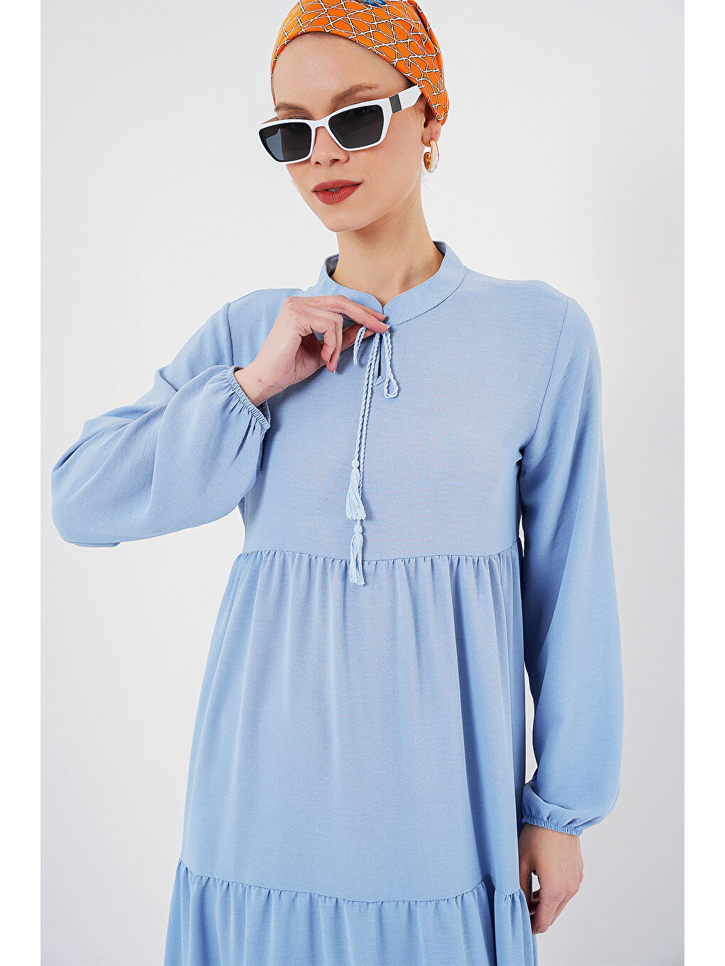 1627 Yaka Bağcıklı Tesettür Elbise - Koyu Mavi-3