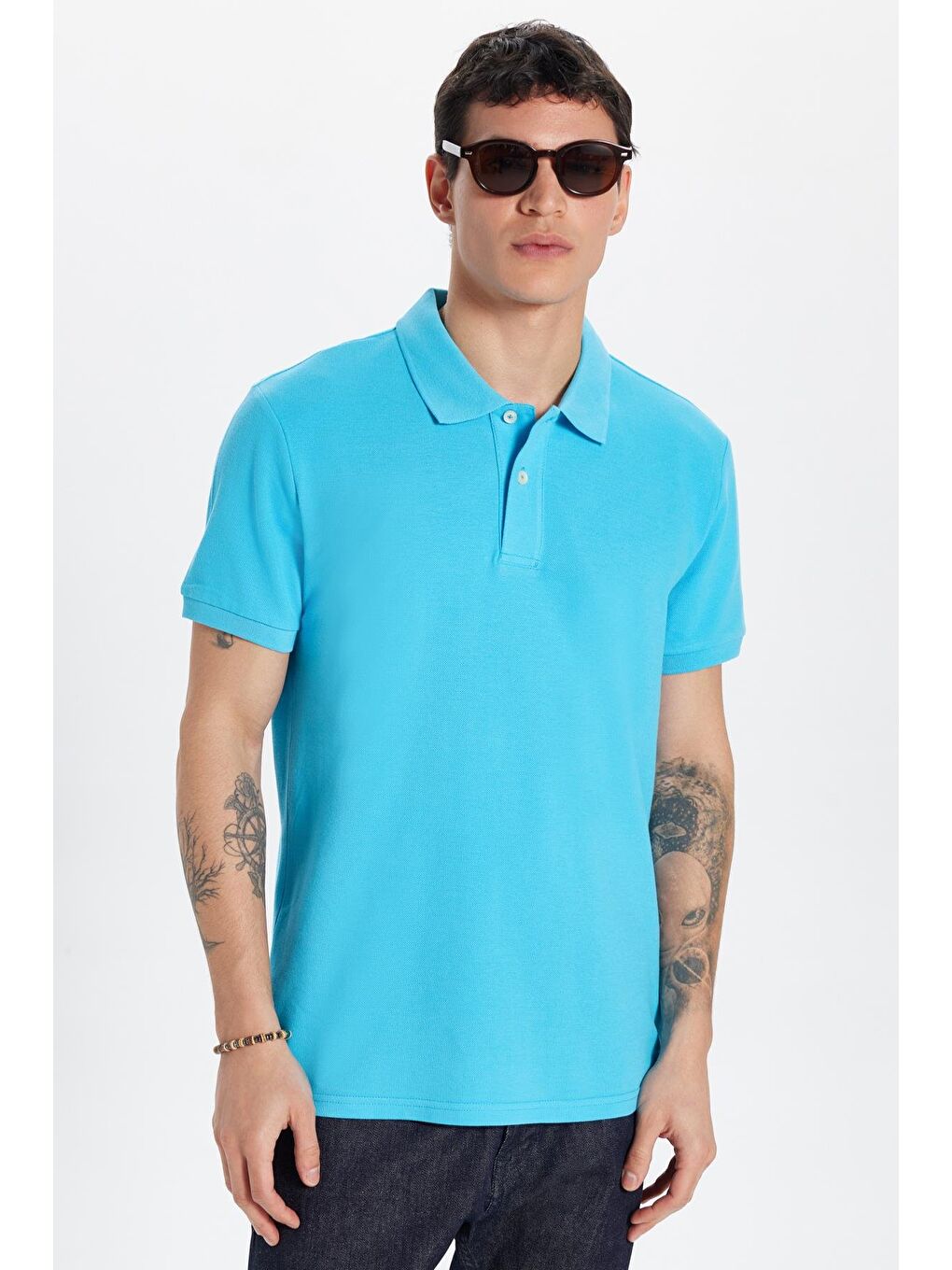 Erkek Slim Fit Dar Kesim %100 Pamuk Mavi Polo Yaka Tişört-3