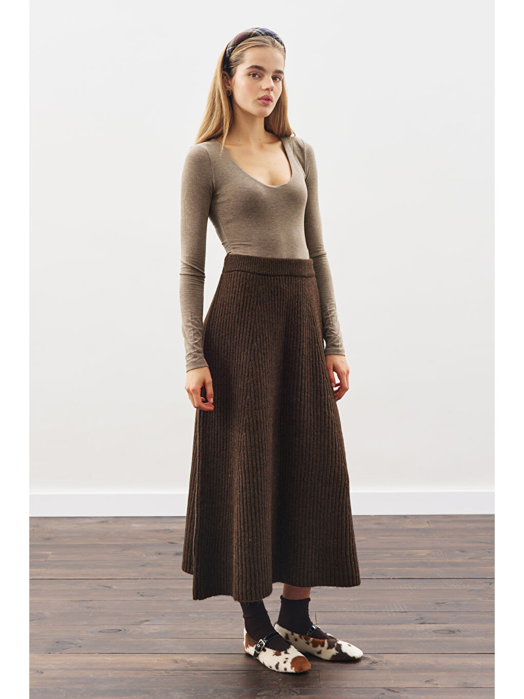 Triko Kloş Etek Kahverengi-5
