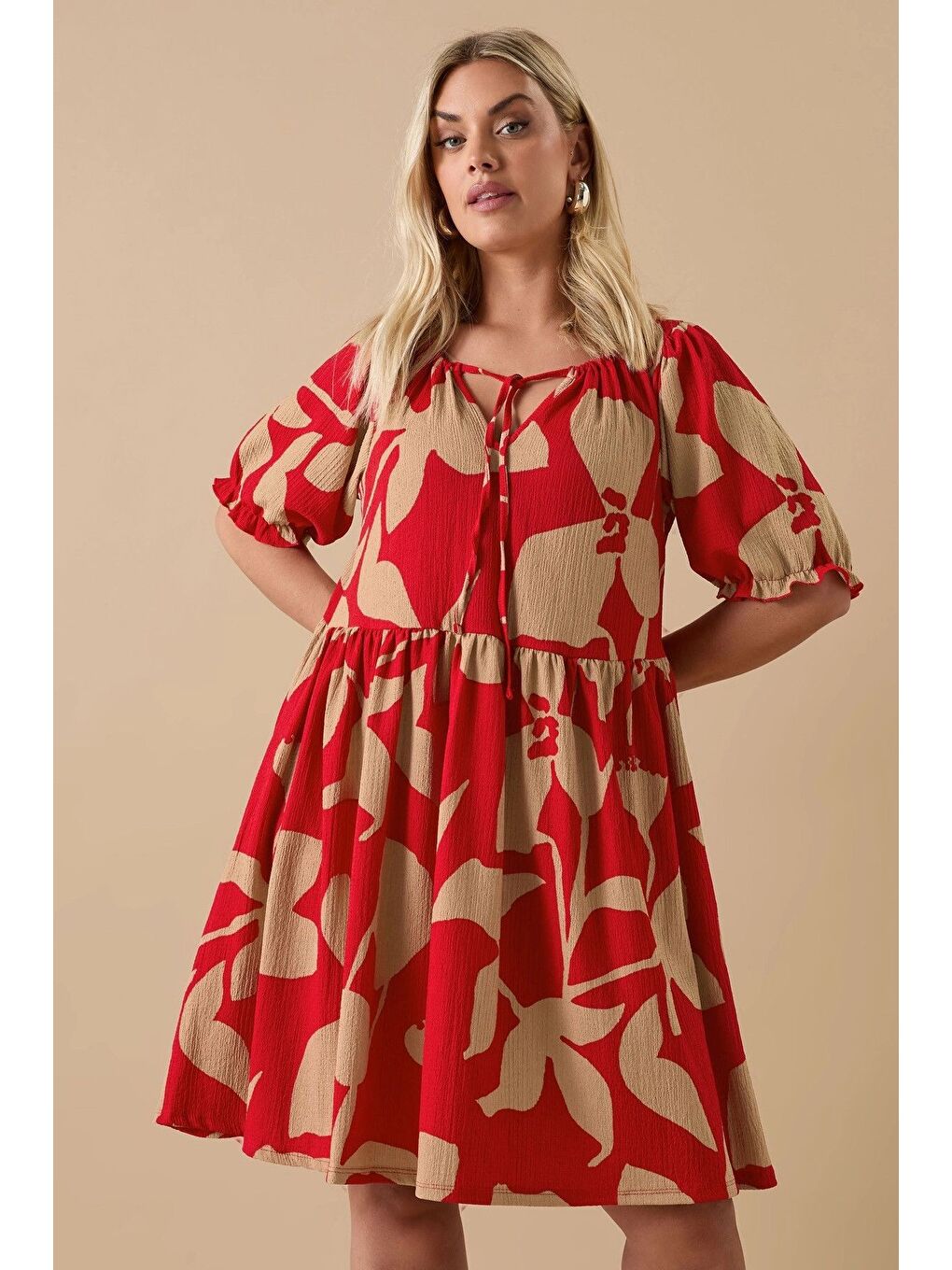 Kırmızı Büyük Beden V Yaka Bürümcük Kumaş Önü Bağlamalı Mini Elbise 304141-1