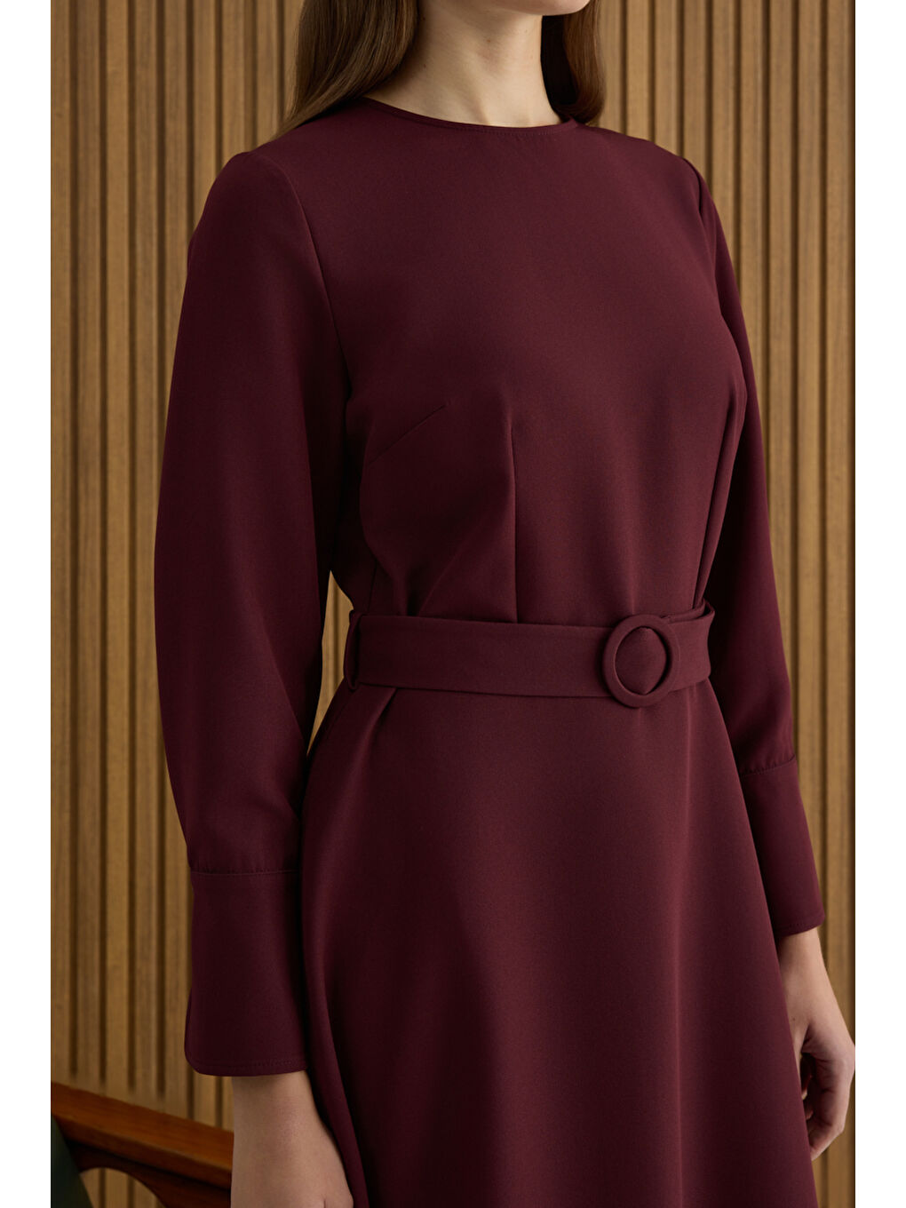 Bordo Kemerli Evaze Elbise-5