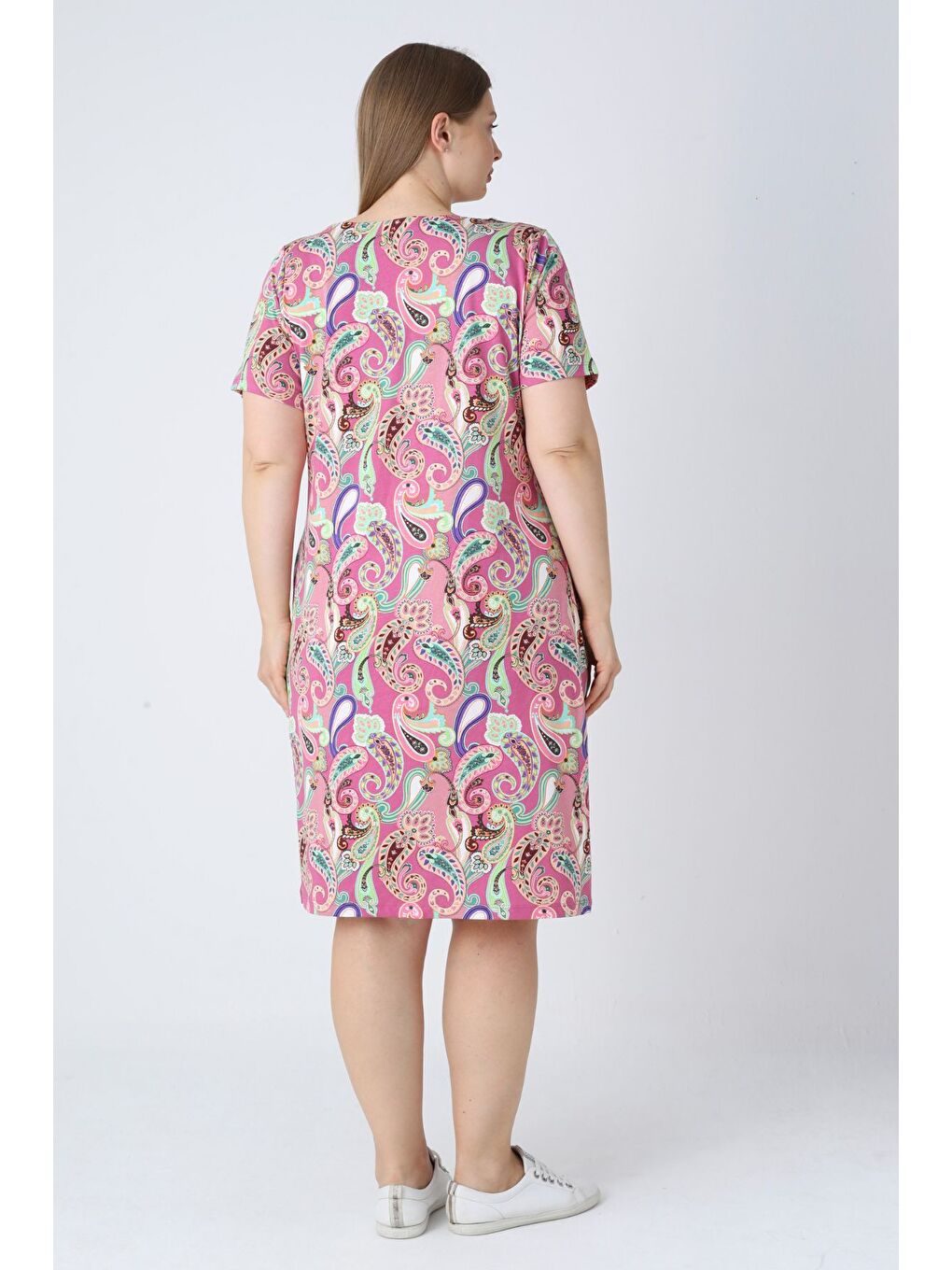 Pembe Kadın Büyük Beden Desenli Kısa Kollu Cepli Pamuklu Elbise-4