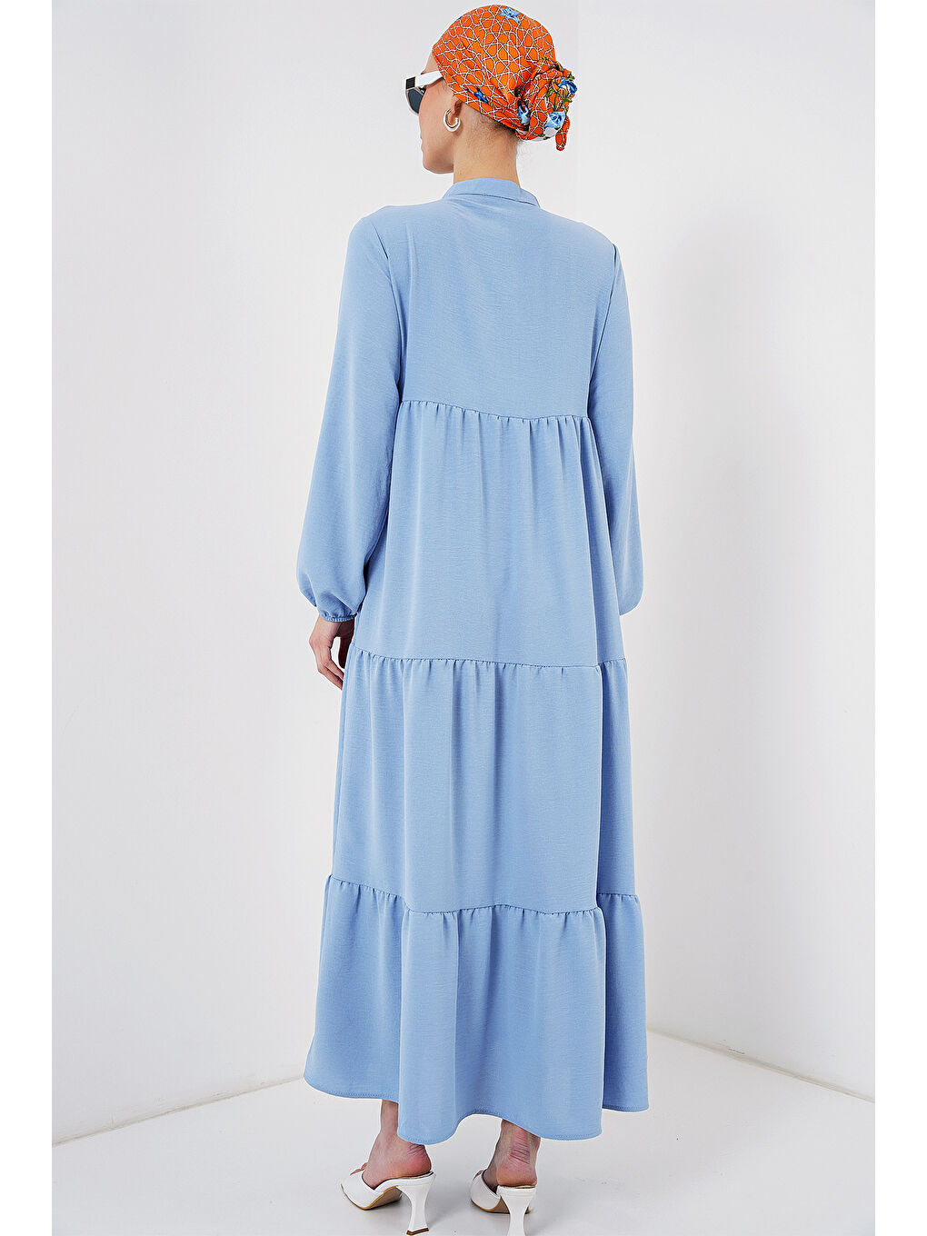 1627 Yaka Bağcıklı Tesettür Elbise - Koyu Mavi-5