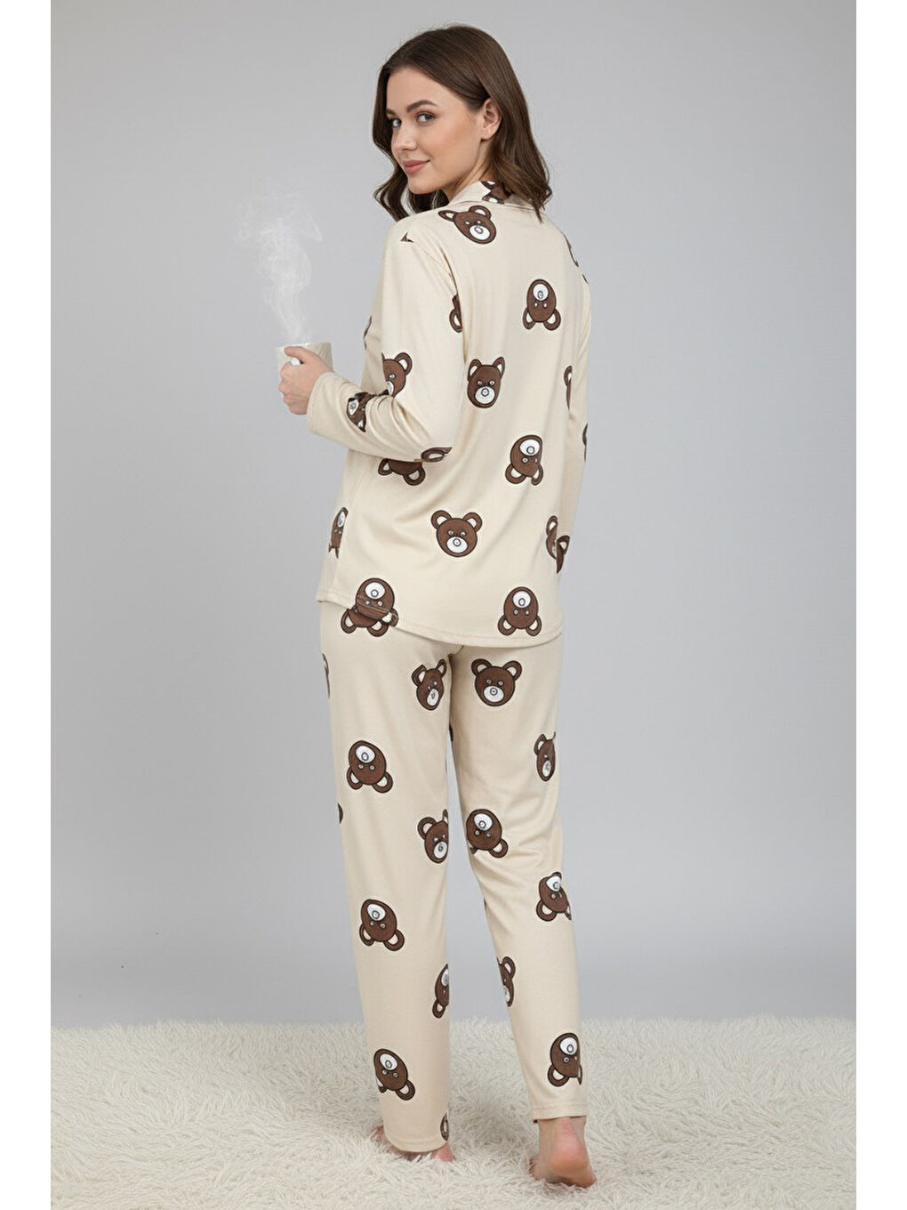 Ekru Ayıcık Baskılı Pijama Takımı Krem - 28018-KREM-1