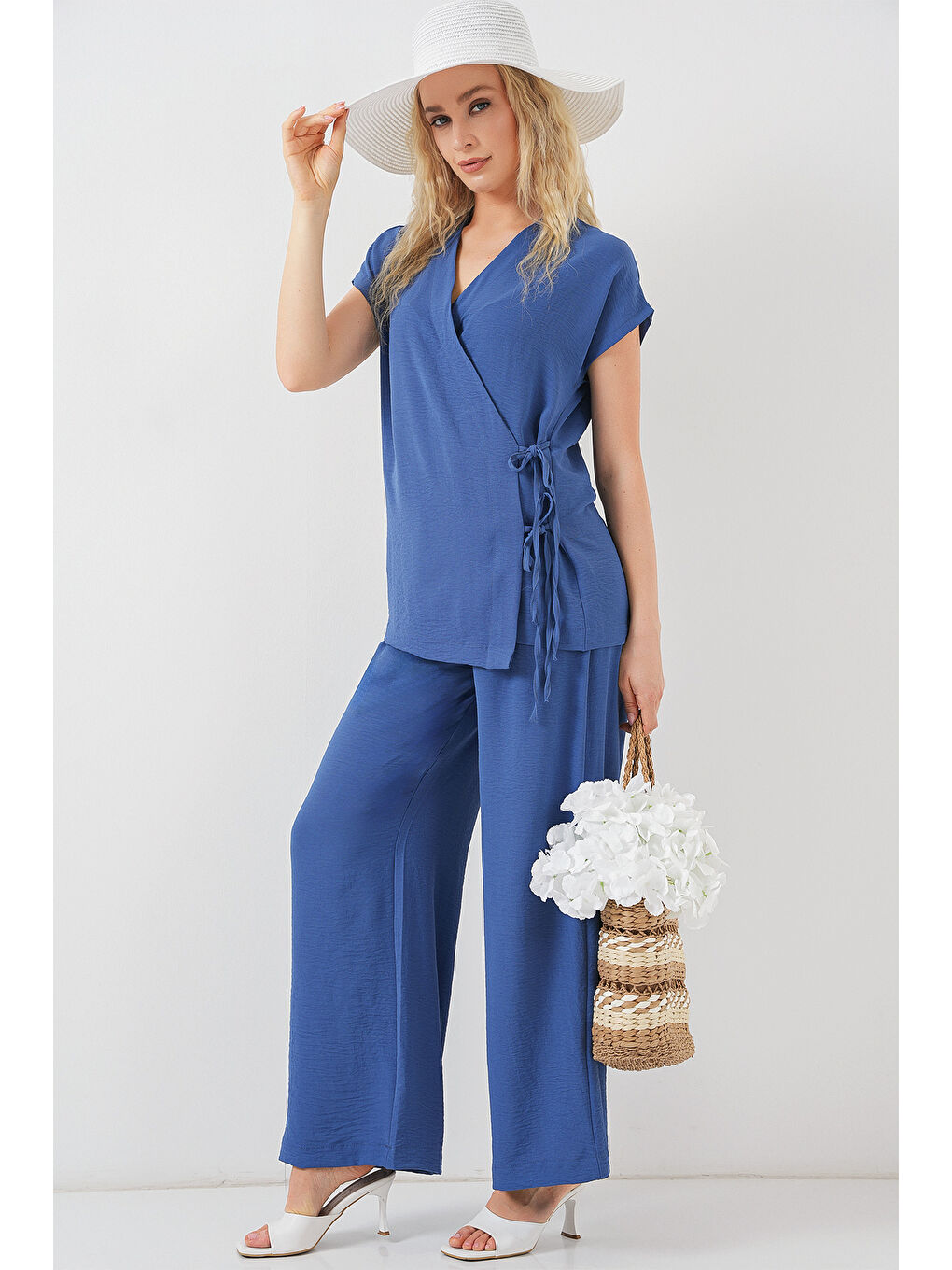 Kadın Kısa Kol Bağcıklı Ayrobin İkili Takım 6741 - İndigo