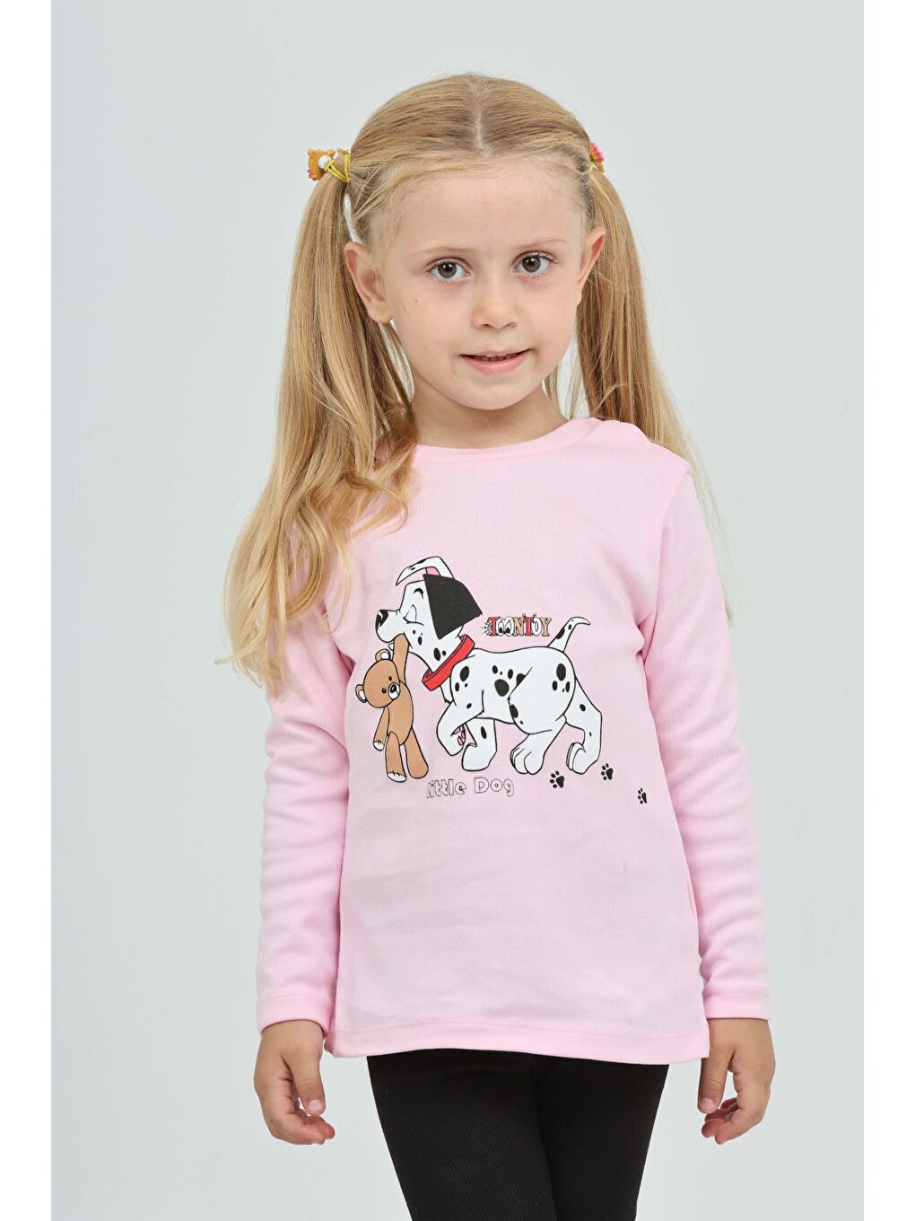 Pembe Kız Çocuk Köpekli Ayı Baskılı Sweatshirt-3