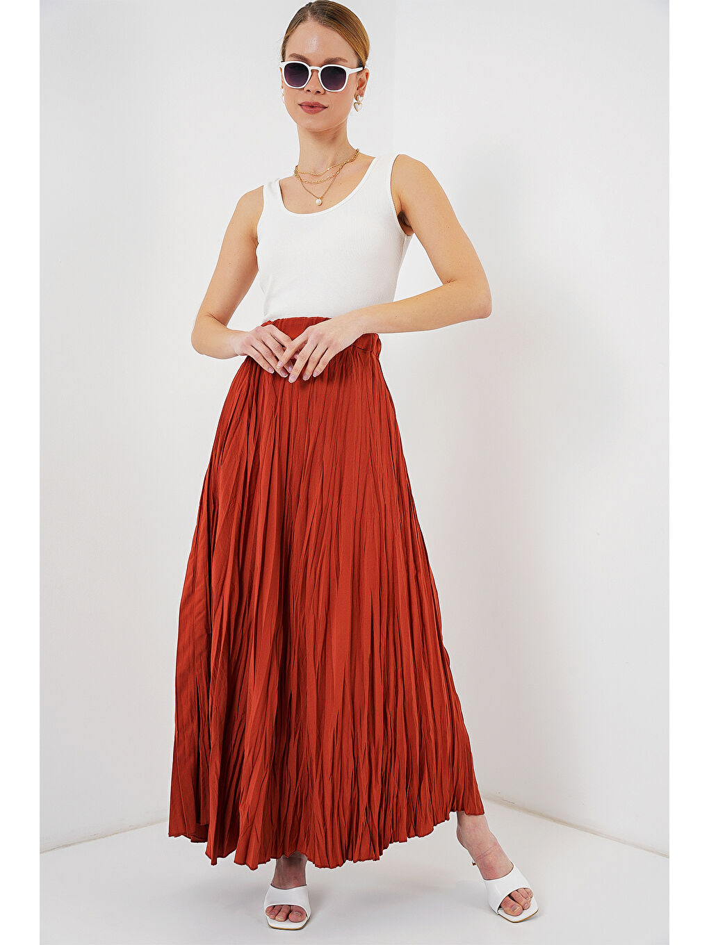 Kahverengi Kadın Uzun Kırışık Etek 8042 - Kiremit