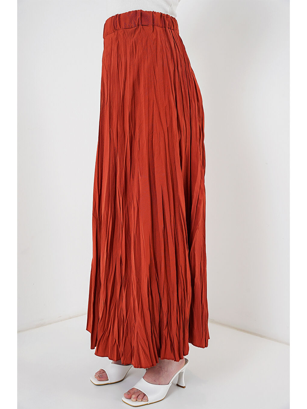 Kahverengi Kadın Uzun Kırışık Etek 8042 - Kiremit-1