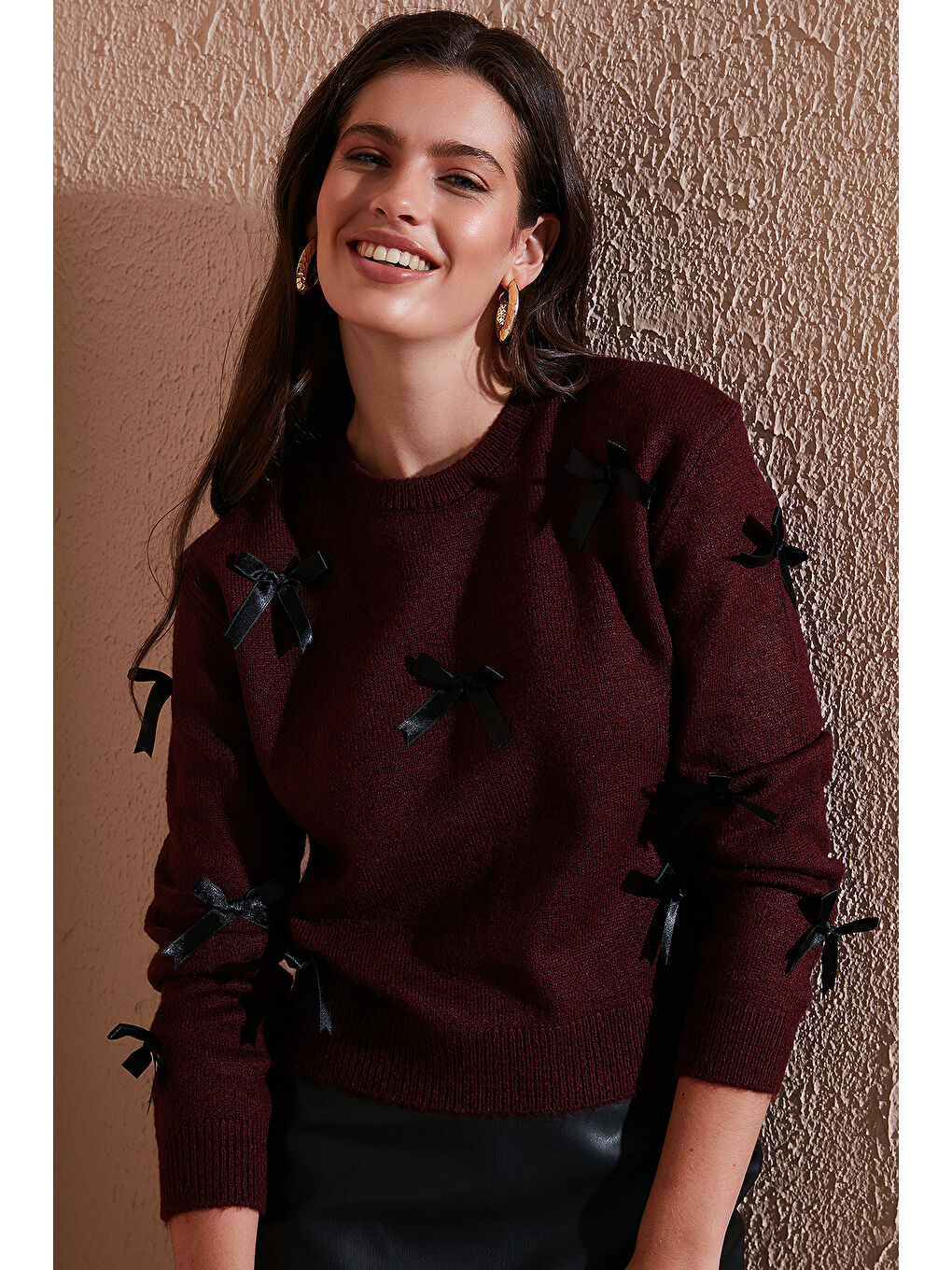 Bordo Premium Regular Fit Bisiklet Yaka Fiyonk Detaylı Triko Kazak 680KZ00155-1