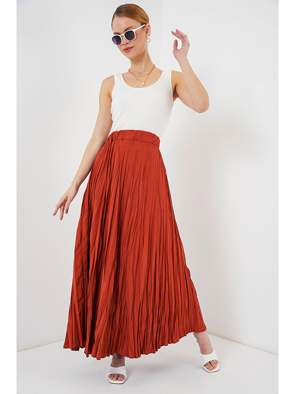 Kahverengi Kadın Uzun Kırışık Etek 8042 - Kiremit-2