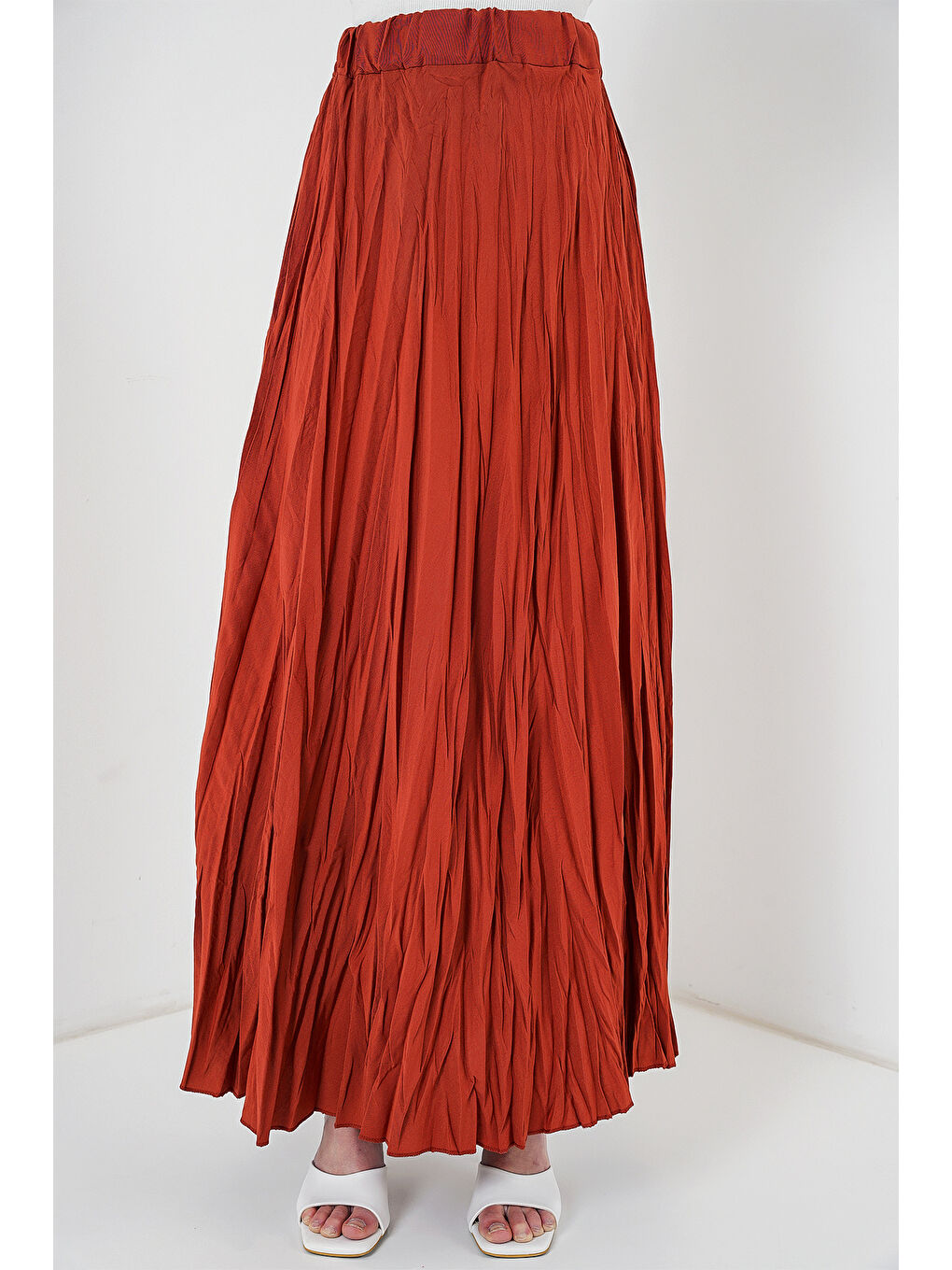 Kahverengi Kadın Uzun Kırışık Etek 8042 - Kiremit-3