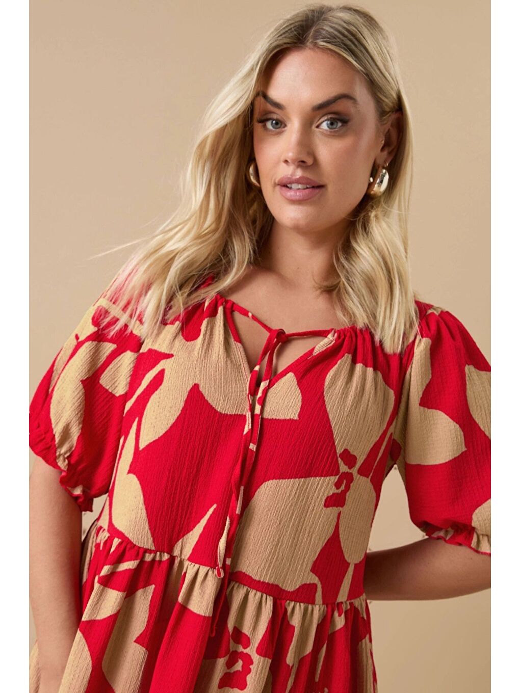 Kırmızı Büyük Beden V Yaka Bürümcük Kumaş Önü Bağlamalı Mini Elbise 304141-3