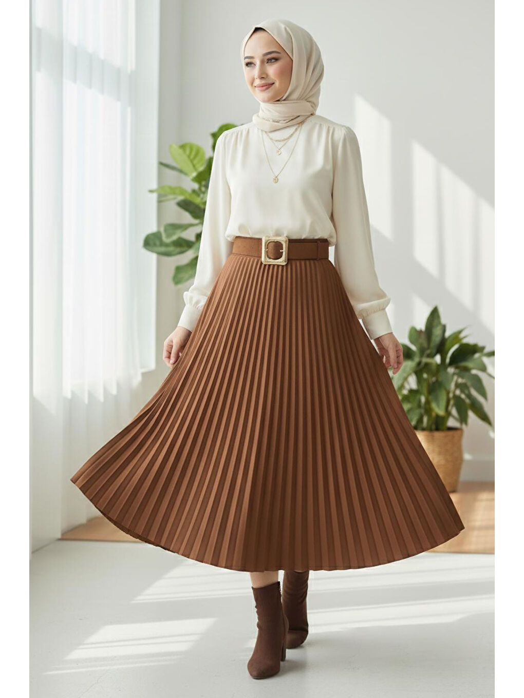 Kahverengi Piliseli Kemerli Süet Etek Taba - 28092-TABA