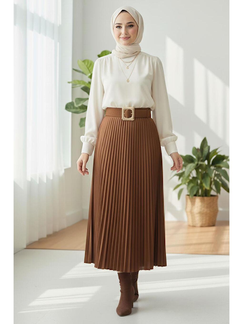 Kahverengi Piliseli Kemerli Süet Etek Taba - 28092-TABA-1