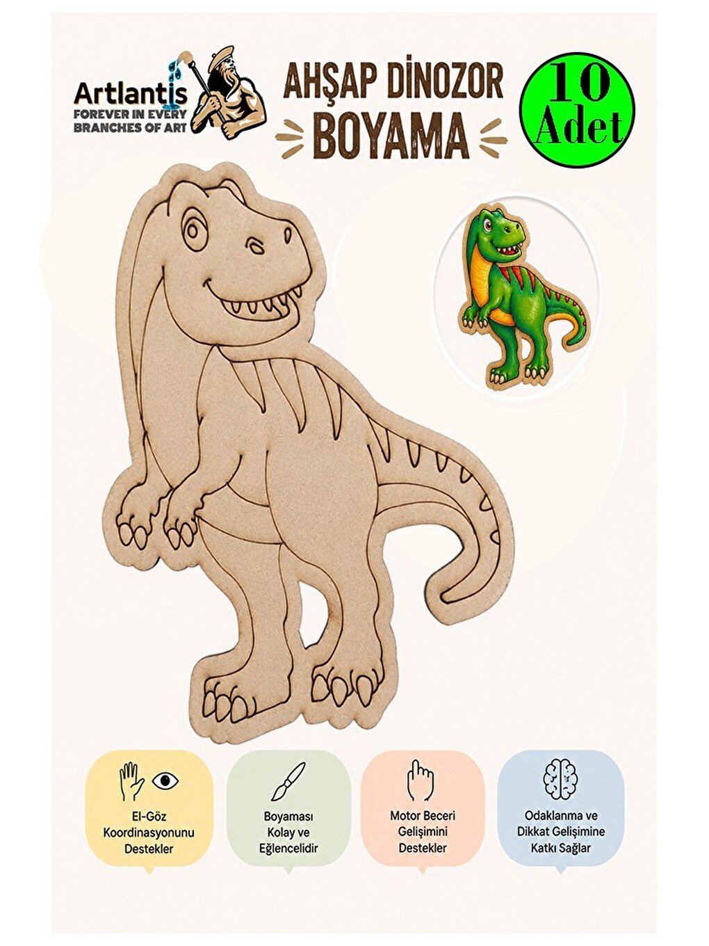 Ahşap Boyama Dinozorlar 10 Adet 10x15 Dinozor Boyama Figürü Etkinlik Çocuk Gelişim Motor Beceri Anas
