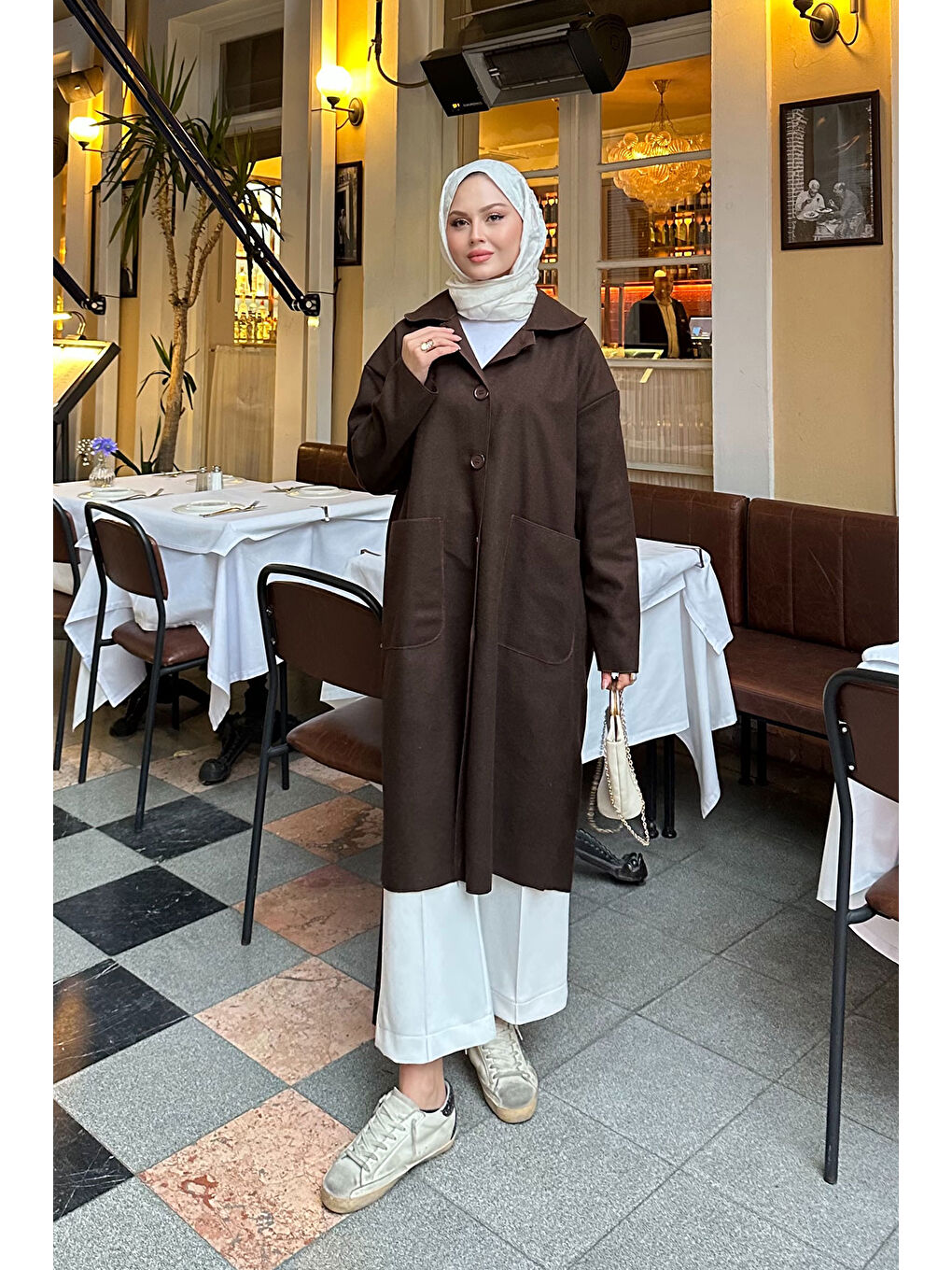 Kahverengi Kadın Cep Detaylı Ara Boy Kaşe Kahve-2