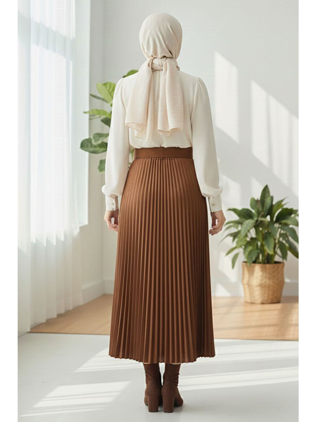 Kahverengi Piliseli Kemerli Süet Etek Taba - 28092-TABA-2